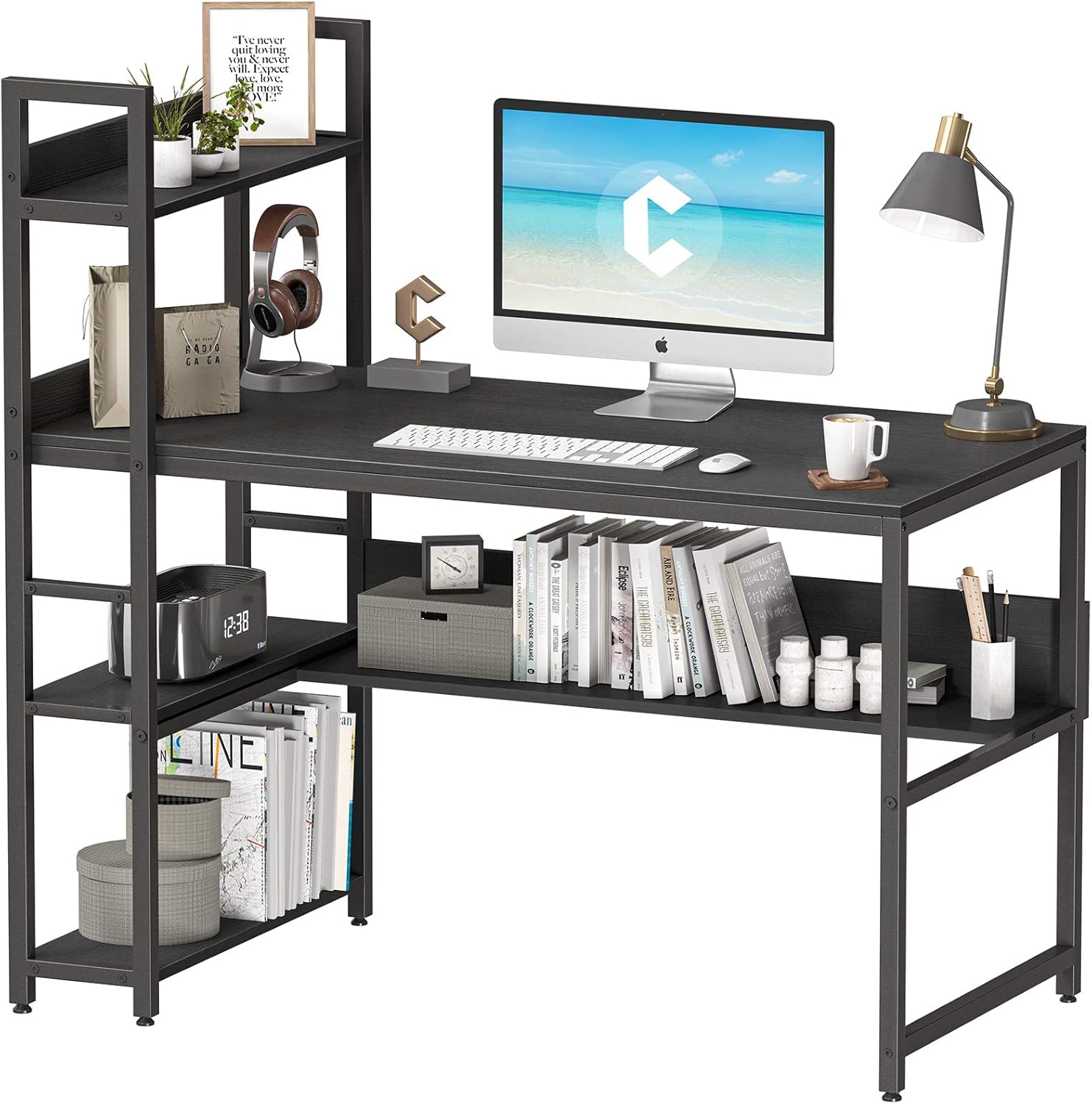 Cubiker Computer Desk 55 inch with Storage Shelves, Home Office Desk, Study Writing Work Table, Modern Simple Style, Black