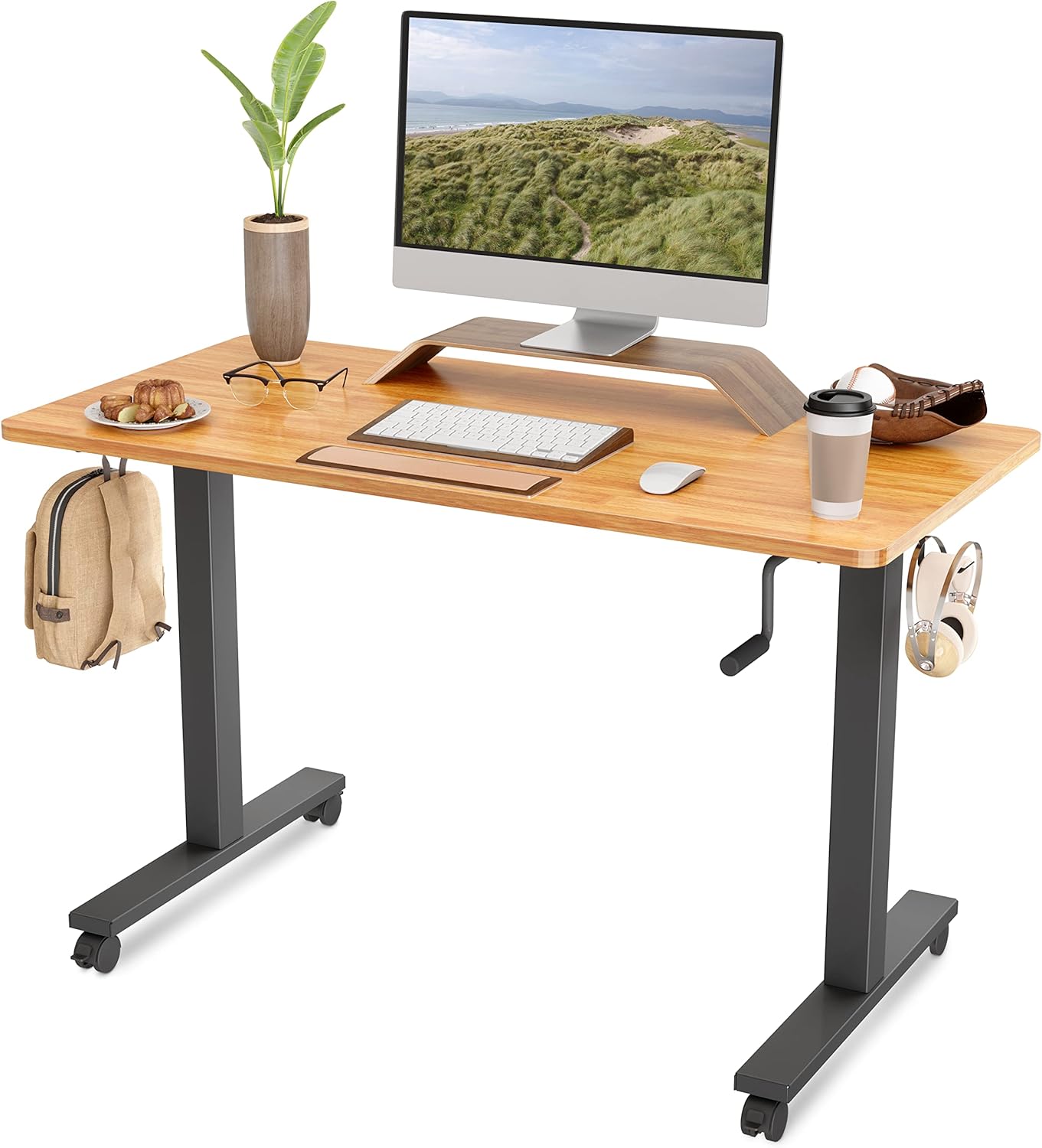 FEZIBO Crank Adjustable Height Standing Desk, 48 x 24 Inches Manual Stand up Desk, Sit Stand Desk with Handle, Home Office Desk with Rubberwood Top and Black Frame