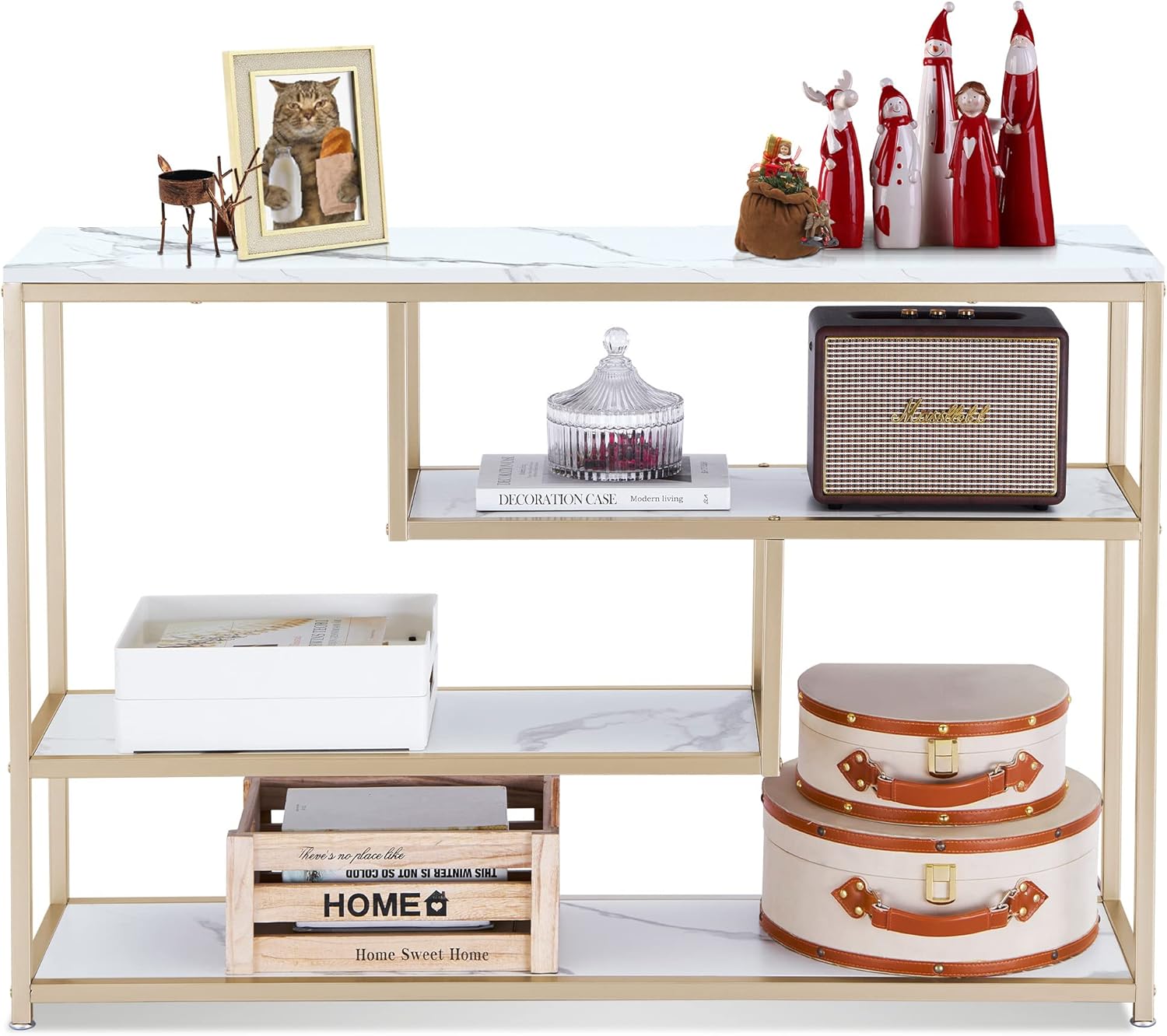 Ivinta Console Table with Storage, White Entryway Table with Shelves, Gold Small Table Sofa Tables for Living Room, Hallway,Narrow Accent Table Buffet Table with Faux Marble Veneer