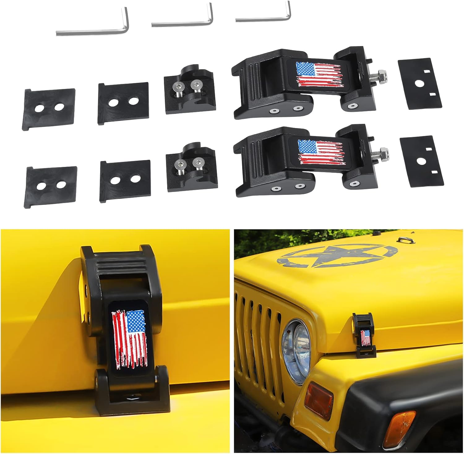 Hoolcar Hood Latch Hood Lock Catch Aluminum Alloy Hood Latches Catch Kit for 1997-2006 Jeep Wrangler TJ Accessories, USA Logo