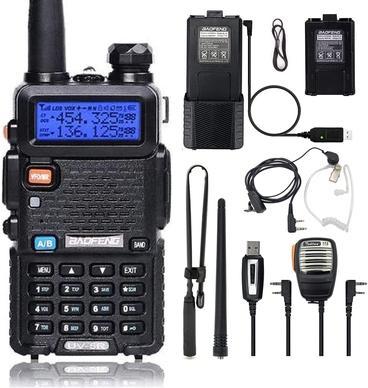BAOFENG UV-5R 8W Dual Band VHF/UHF Two Way Radio with More 3800mAh Battery and Tube Earpiece, Handheld MIC, Tactical Antenna, USB Programming Cable, USB Charging Cable Pack of 2
