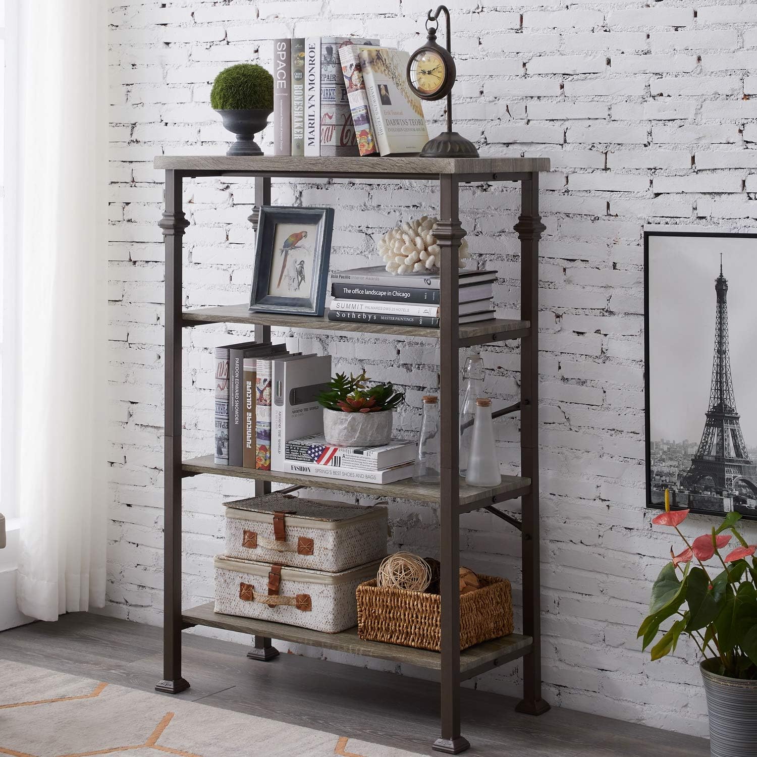 topbest 4-Tier Industrial Ladder Shelf Bookcase, Ladder Bookshelf and Wood Look Accent Furniture with Metal Frame for Living Room, Hallway, Kitchen, Balcony, Office(Grey Oak)