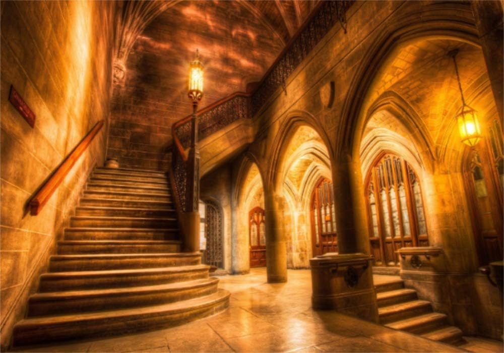 AOFOTO 8x6ft Vintage Medieval Castle Interior Backdrop Retro Archway Columns Photography Background Old Stairway Dim Light Architecture Pillars Photo Studio Props Artistic Portrait Vinyl Wallpaper