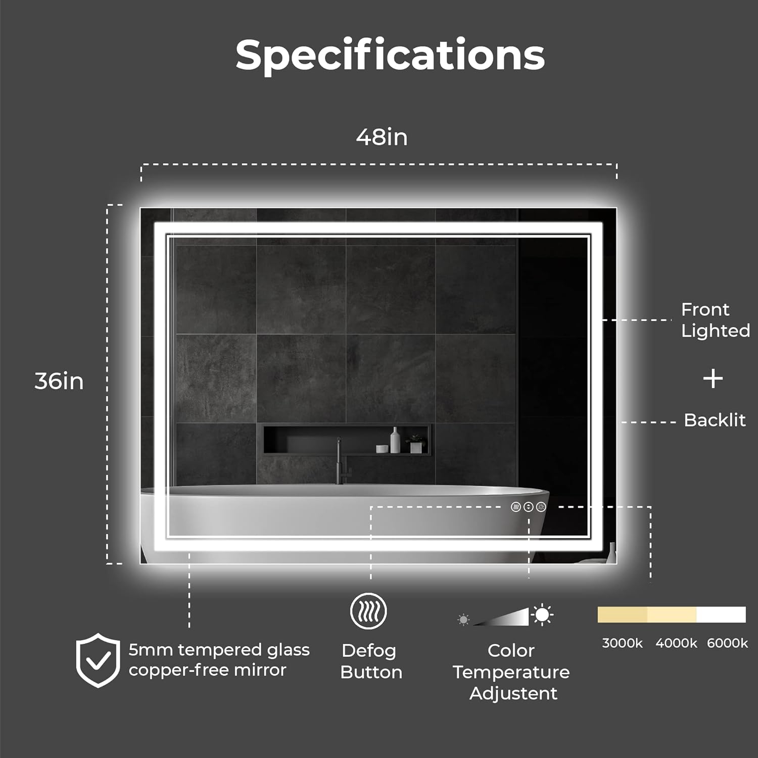 LED Lighted Mirror for Bathroom,Awandee Dimmable LED Bathroom Mirror,48 x 36 Inch Large Backlit + Front-Lighted Bathroom Mirrors, Anti-Fog Dimmable Vanity Mirror Wall Mounted Mirror