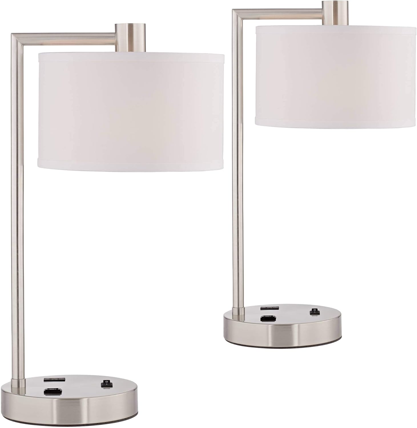 Colby Modern Desk Table Lamp with Hotel Style USB and AC Power Outlet in Base Brushed Nickel White Linen Drum Shade for Living Room Bedroom House Bedside Reading Home Office - 360 Lighting