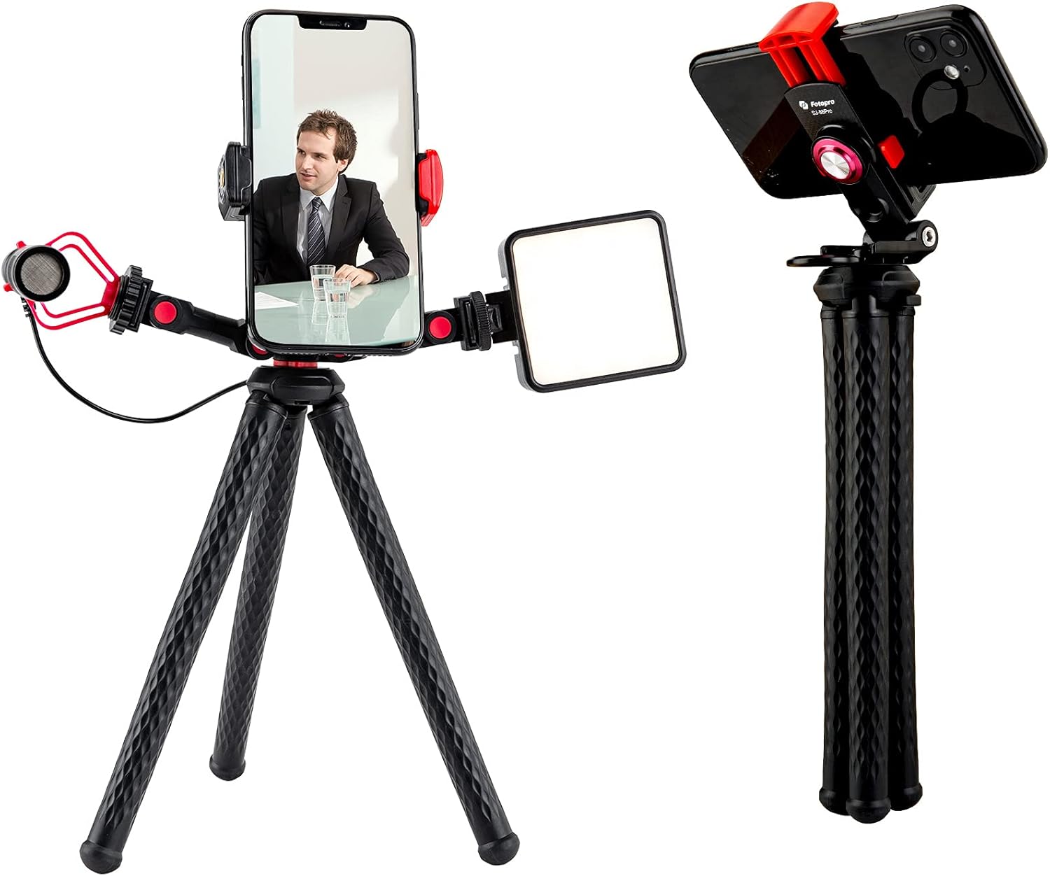 Fotopro Smartphone Video Kit with Flexible Tripod for YouTube and Vlog, Video Microphone Light Kit Compatible for Android and Camera, Flexible Tripod, Magic Arm, Phone Holder, Microphone, Fill Light Pack of 2