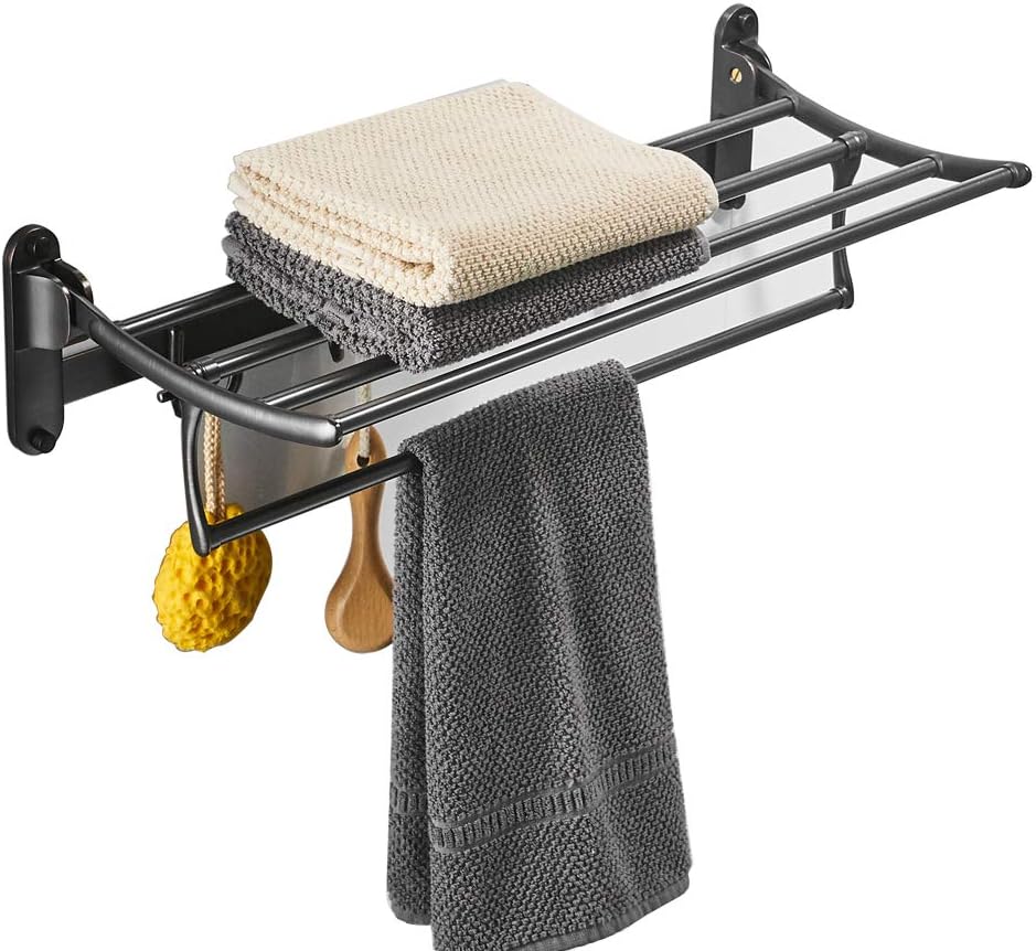 BESy 24 Inch Oil Rubbed Bronze Towel Racks, Bathroom Towel Shelf with Foldable Towel Bar Holder and Towel Hooks, Wall Mounted Multifunctional Double Towel Bars Pack of 2