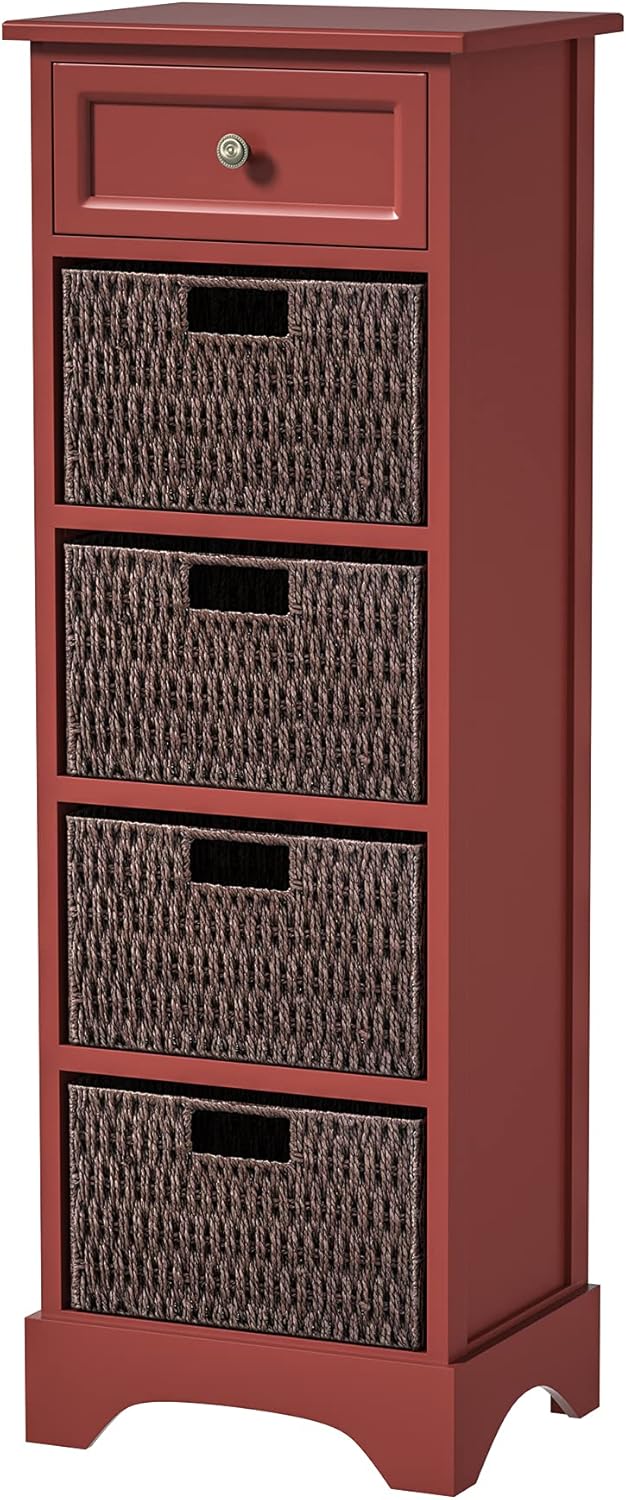 Knocbel Farmhouse Storage Cabinet with Drawer and 4 Wicker Baskets, Living Room Bedroom Entry Hallway Accent Cabinet Chest of Drawers, 132lbs Weight Capacity, 15
