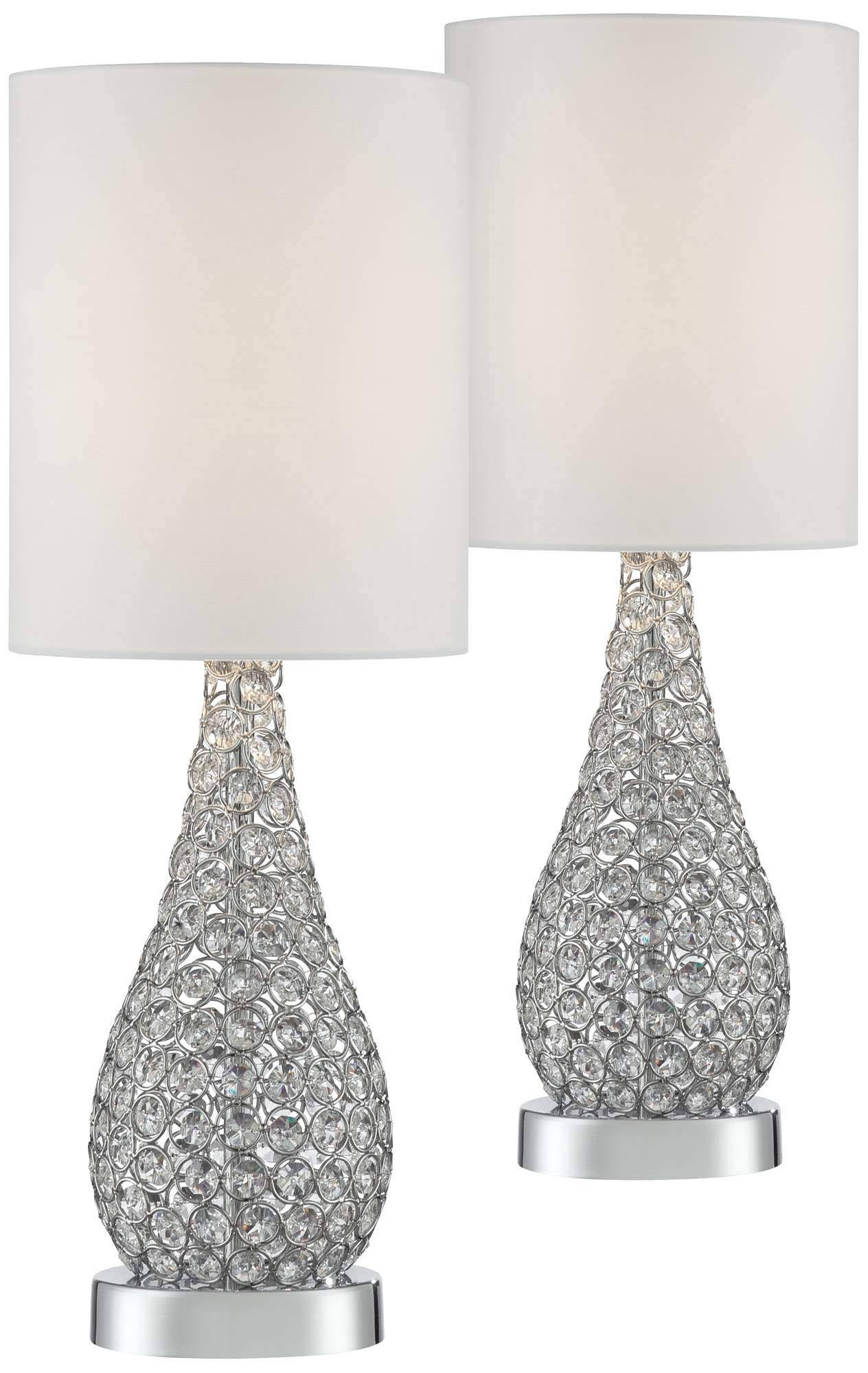 Possini Euro Design Modern Accent Table Lamps Set of 2 Crystal Bead Silver Gourd White Drum Shade for Living Room Family Bedroom