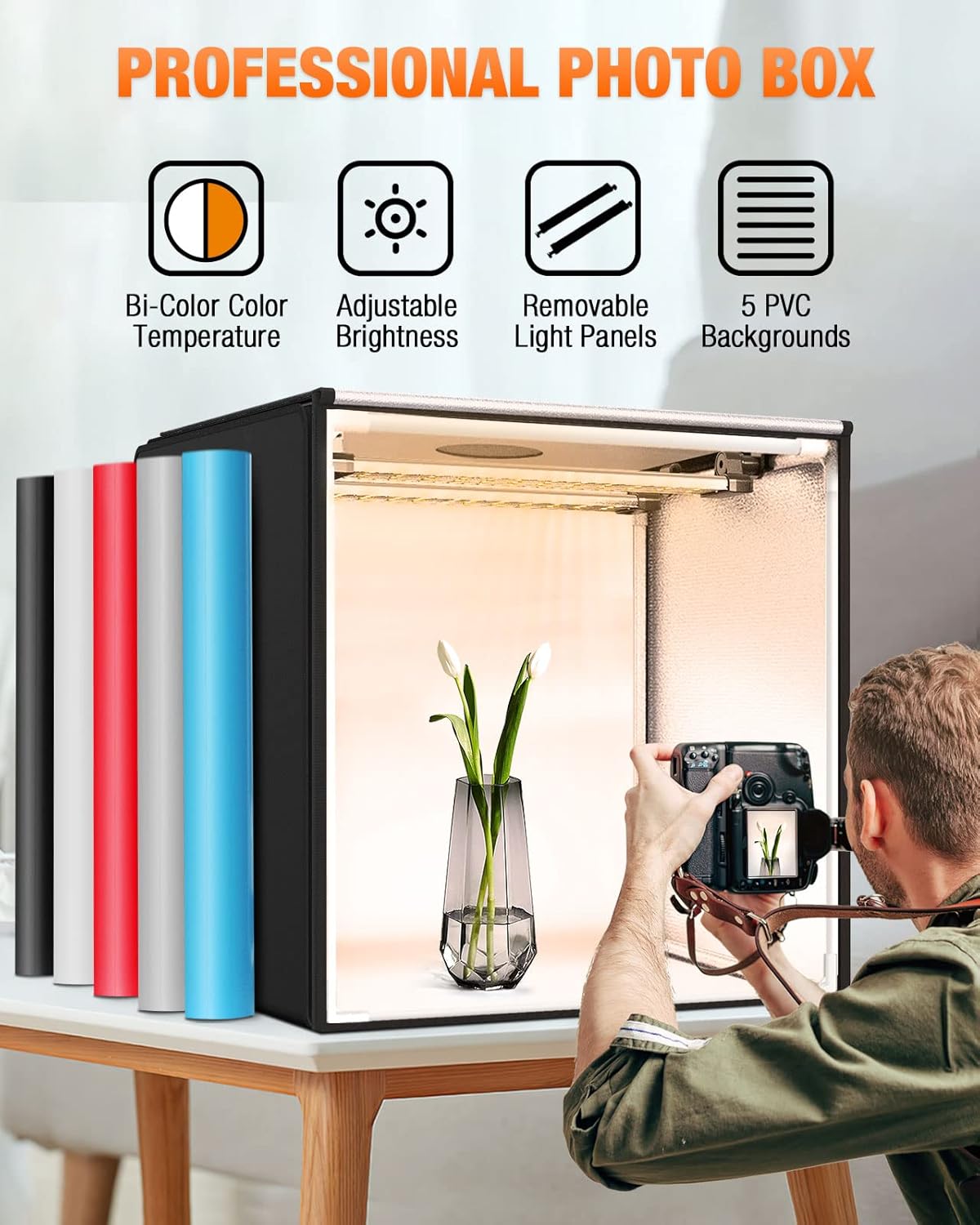 FOSITAN 24x24inch Bi-Color Dimmable Professional Photo Studio Light Box with 126 LED Lights Beads, Adjustable Lighting Direction and 5 Color Backdrops, Shooting Tent for Medium Product Photography