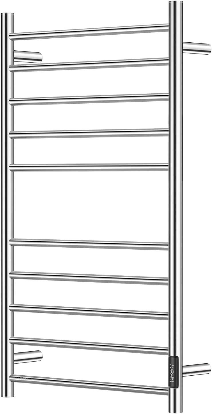 DAILYLIFE 10 Bar Towel Warmer, Wall Mounted Heated Drying Racks, Built-in Timer with Led Indicators, Plug-in Straight Home Bathroom Stainless Steel Space Saving