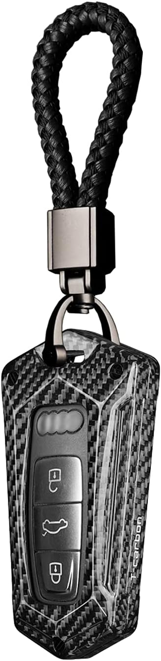 SANRILY Premium Carbon Fiber Key Fob Cover for Audi Q7 2021 2020 Q8 E-Tron A8 A6 A7 Full Protection Keyless Remote Key Shell Case with Braided Rope Key Chain Black