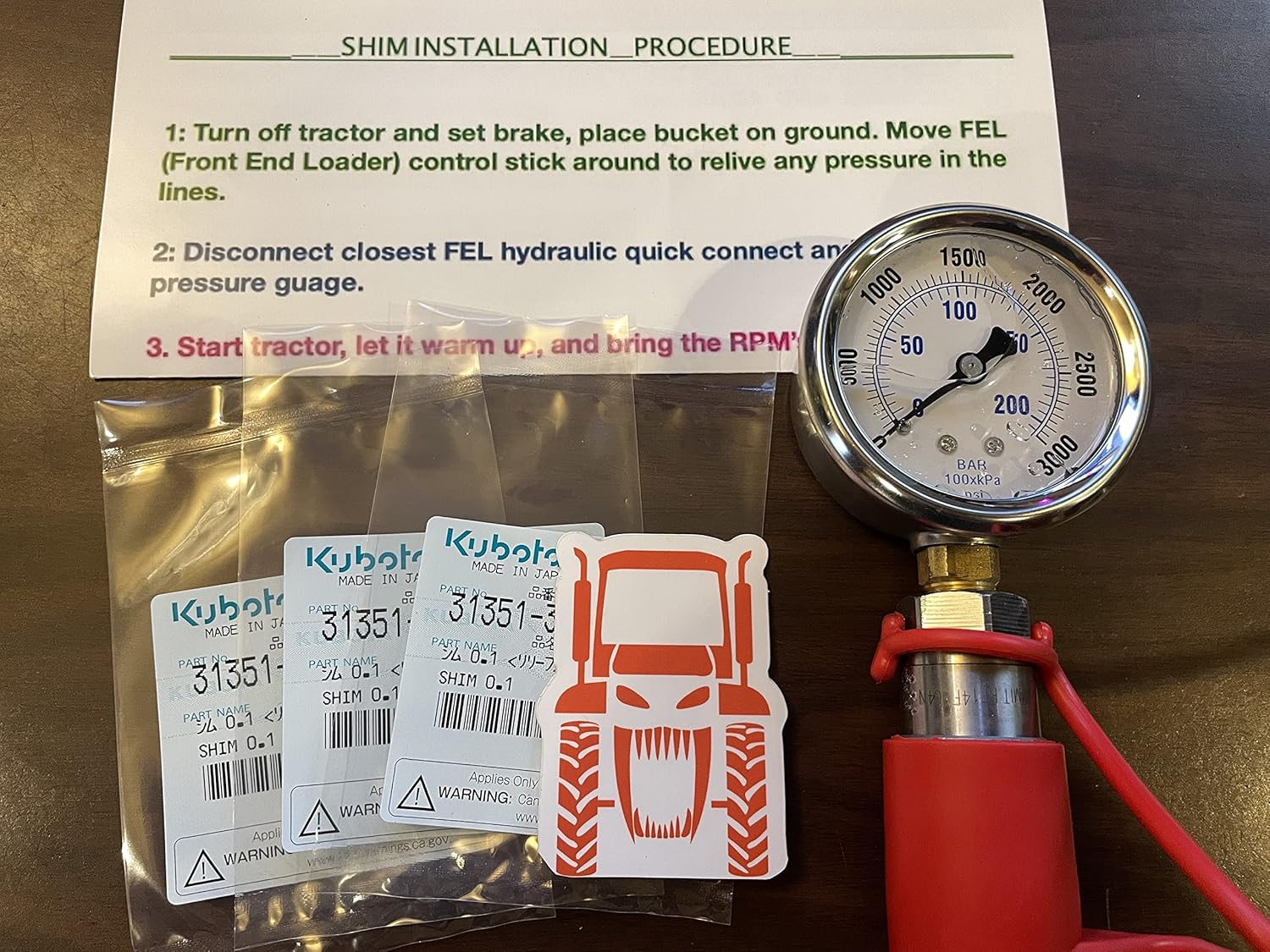 KUBOTA Pressure Increase kit W/Gauge Hydraulic Shims BX B +25%! Flat FACE *2017 & UP