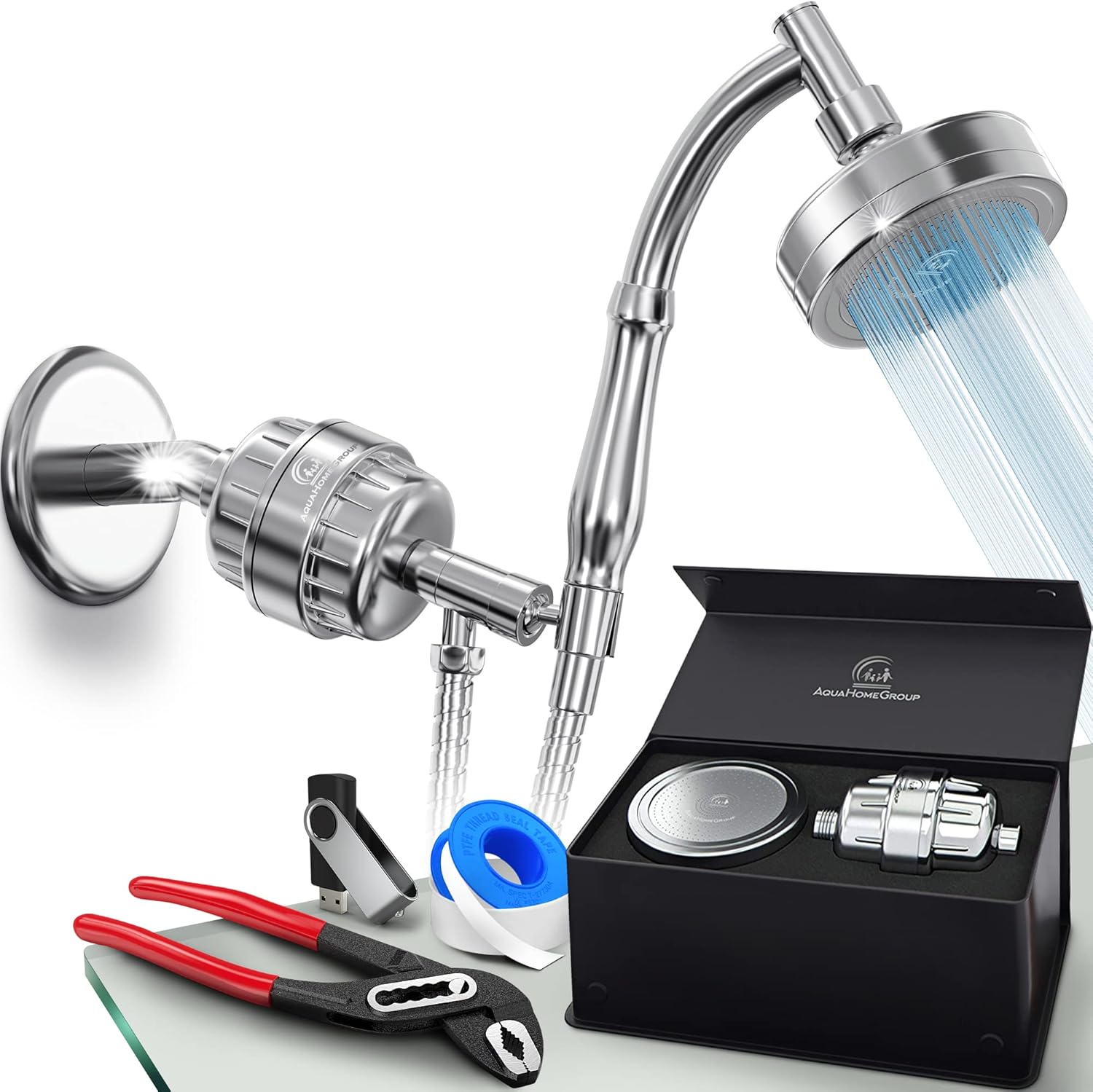 AquaHomeGroup Handheld Shower Head with Filter - 15 Stage Filtration Shower Filter for Hard Water - Vitamin C and E infused Shower Water Filter with SPA Effect - High Pressure Shower Head with Hose Pack of 2