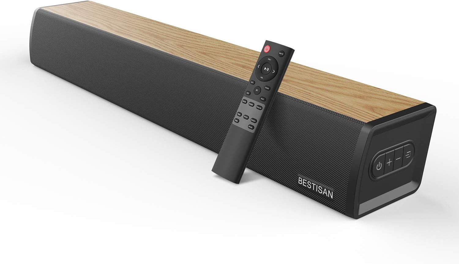 Sound Bar, BESTISAN 60 Watt Sound Bars for TV with Unique Oak Finish Design, 3 Equalizer Modes, Optical/Coax/AUX/USB Driver Connection, Bluetooth 5.0, Bass Adjustable, Wall Mountable, Deep Bass Pack of 2