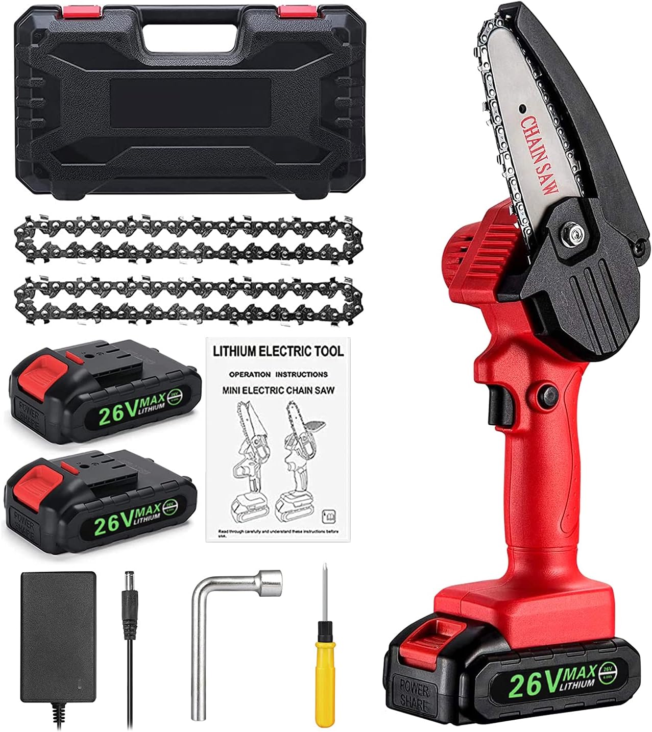 Mini Chainsaw, 4-inch Cordless Electric Chainsaw with 26V Rechargeable Battery, Handheld Cordless Portable Chainsaws, Pruning Shears Chainsaw for Tree Branch Wood Cutting Pack of 2