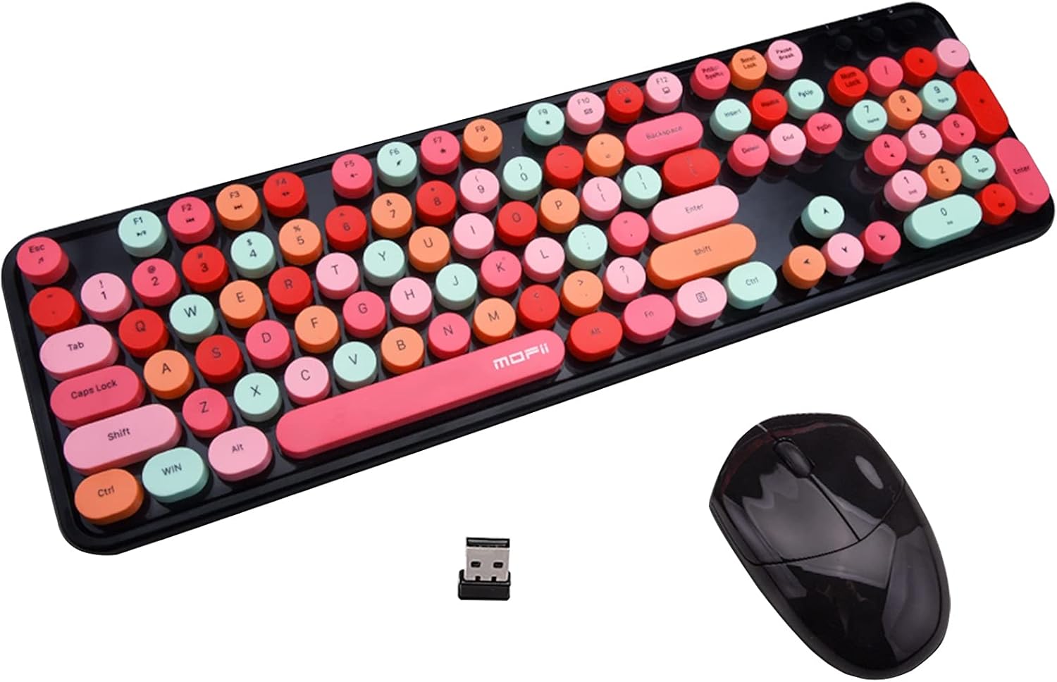 MOFii Wireless Keyboard and Mouse Set, 2.4G Cute Retro Keyboard with Colorful Round Keys, Full Size Computer Bubble Keyboard with Number Pad Best for PC Desktop Windows(Pink Colorful) Pack of 2