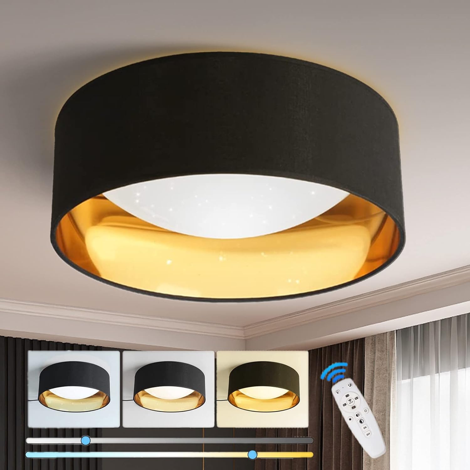 BoRccdit Modern Flush Mount Ceiling Light 18W-36W Dimmable 3000K/4000K/6000K Color Adjustable Black LED Close to Ceiling Light Fixtures with Remote for Bedroom Dining Room Hallway Entry, 12 inch