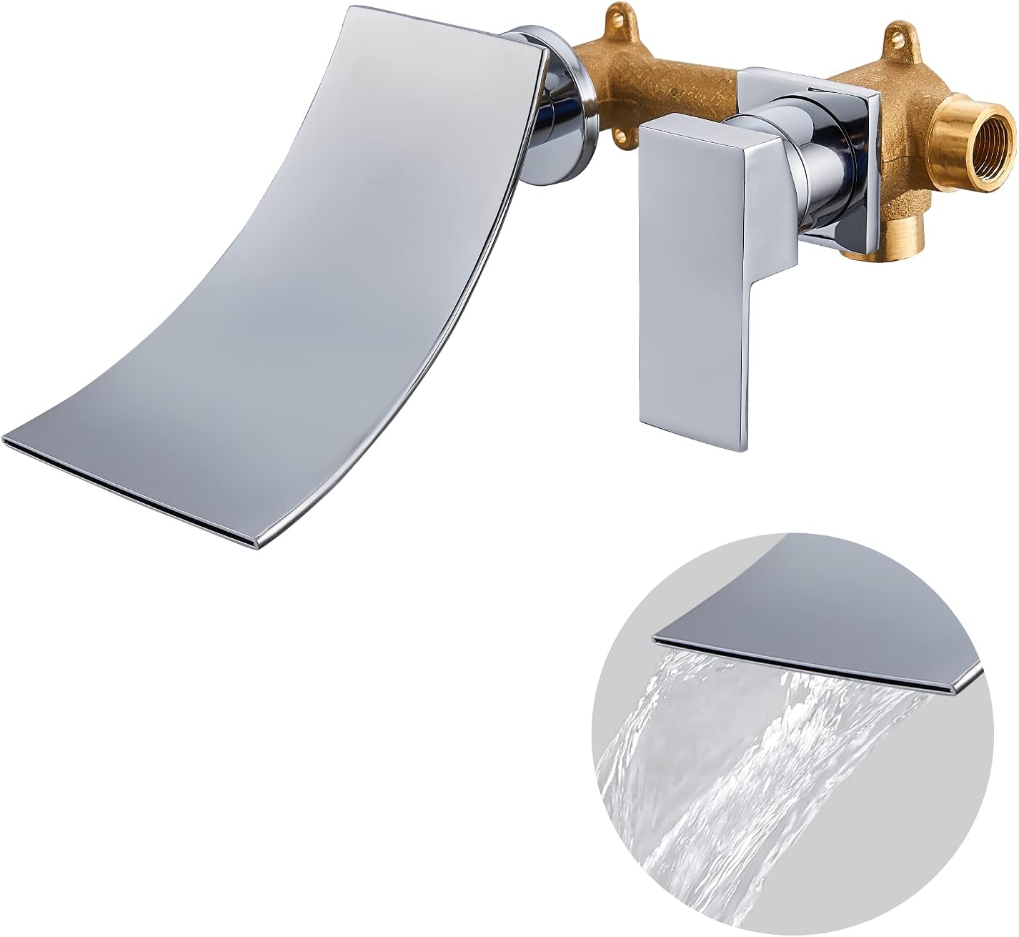 Airuida Wall Mount Bathroom Sink Faucet Bathtub Faucet Matte Black with Waterfall Tub Filler Spout Single Handle Bathroom Mixer Tap Brass Rough-in Valve Included