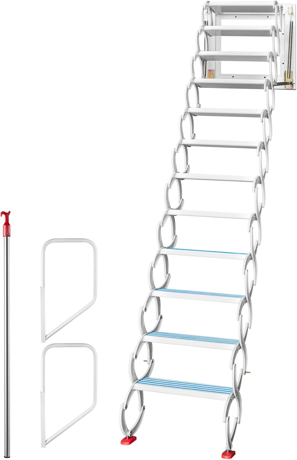 VEVOR Attic Steps Pull Down 12 Steps Attic Stairs Alloy Attic Access Ladder, White Pulldown Attic Stairs, Wall-mounted Folding Stairs for Attic, Retractable Attic Ladder with Armrests, 9.8 feet Height