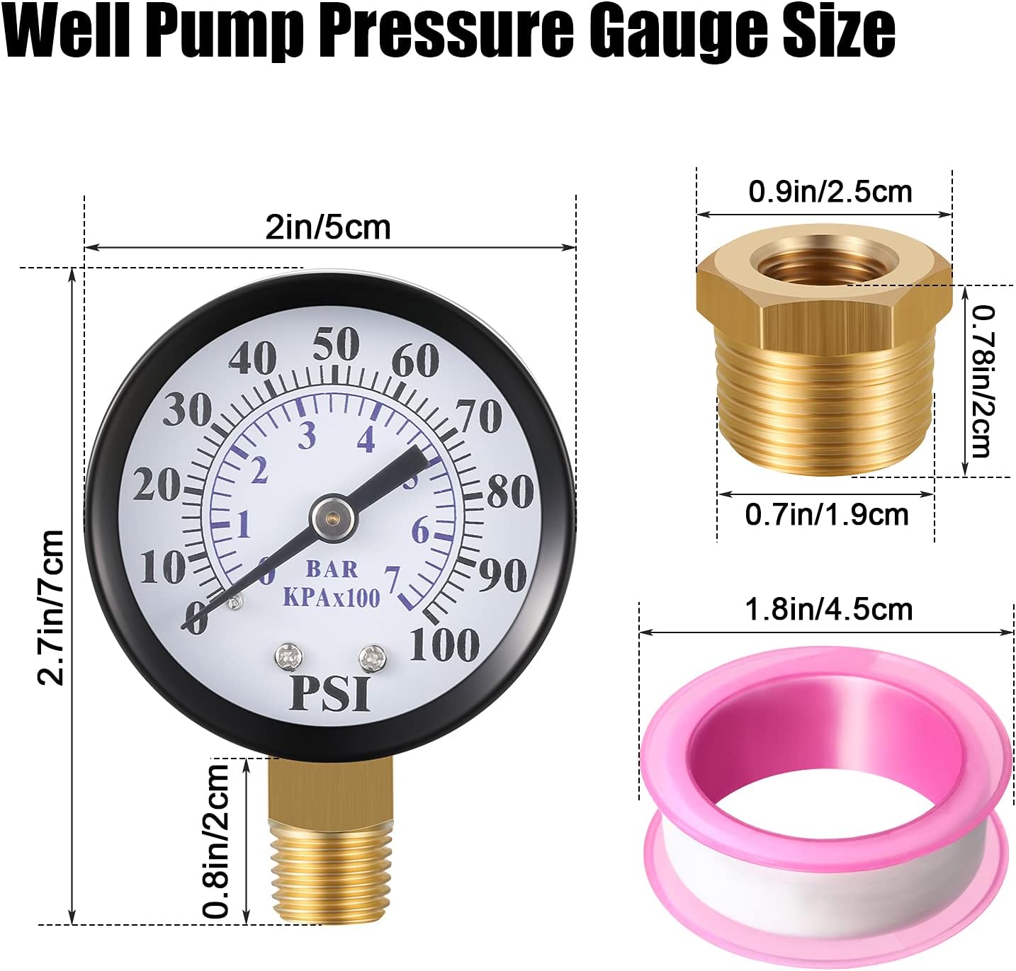 2 Inch Dial Face 1/4 Inch NPT Water Pump Pressure Gauge with 1/4 Inch NPT Male 1/2 Inch NPT Adapter Brass Fitting and Tape