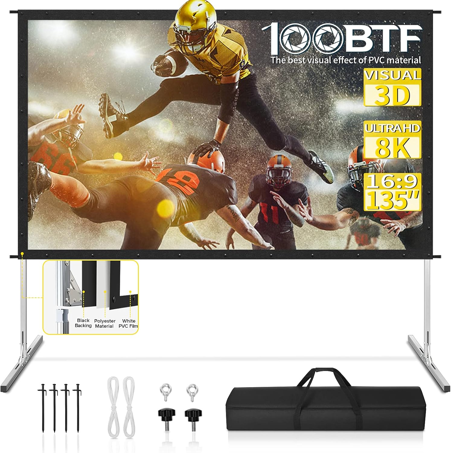 Projector Screen and Stand 135 inch Outdoor Projector Screen with Stand Upgraded PVC 3 Layers with Black Backing 4K HD 16:9 Projection Screen, Portable Front Movie Screen for Home Theater Backyard