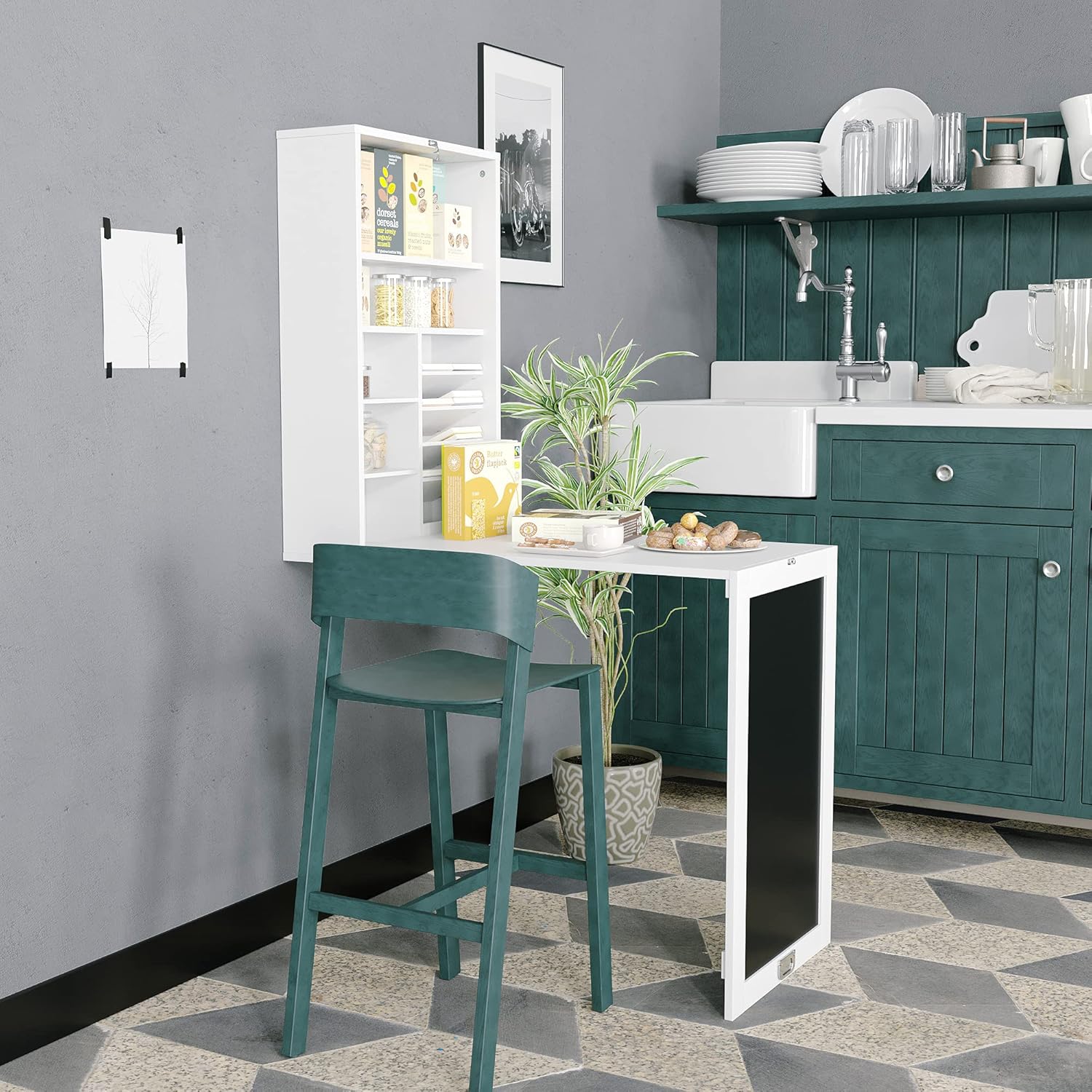 3 in 1 Wall-Mounted Space-Saving Desk, Fold Out Computer Laptop Desk, Multi-Function Wall Mounted Table with Storage Shelves & Hooks,Convertible Writing Desk for Home Office, Rustic Brown …