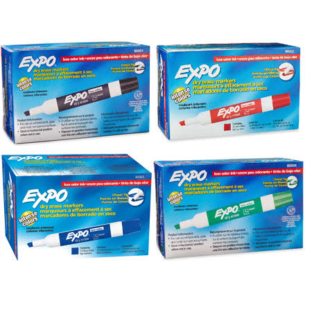 Expo Low-Odor Dry Erase Markers Chisel Tip 12 Black, 12 Blue 12 Red, 12 Green