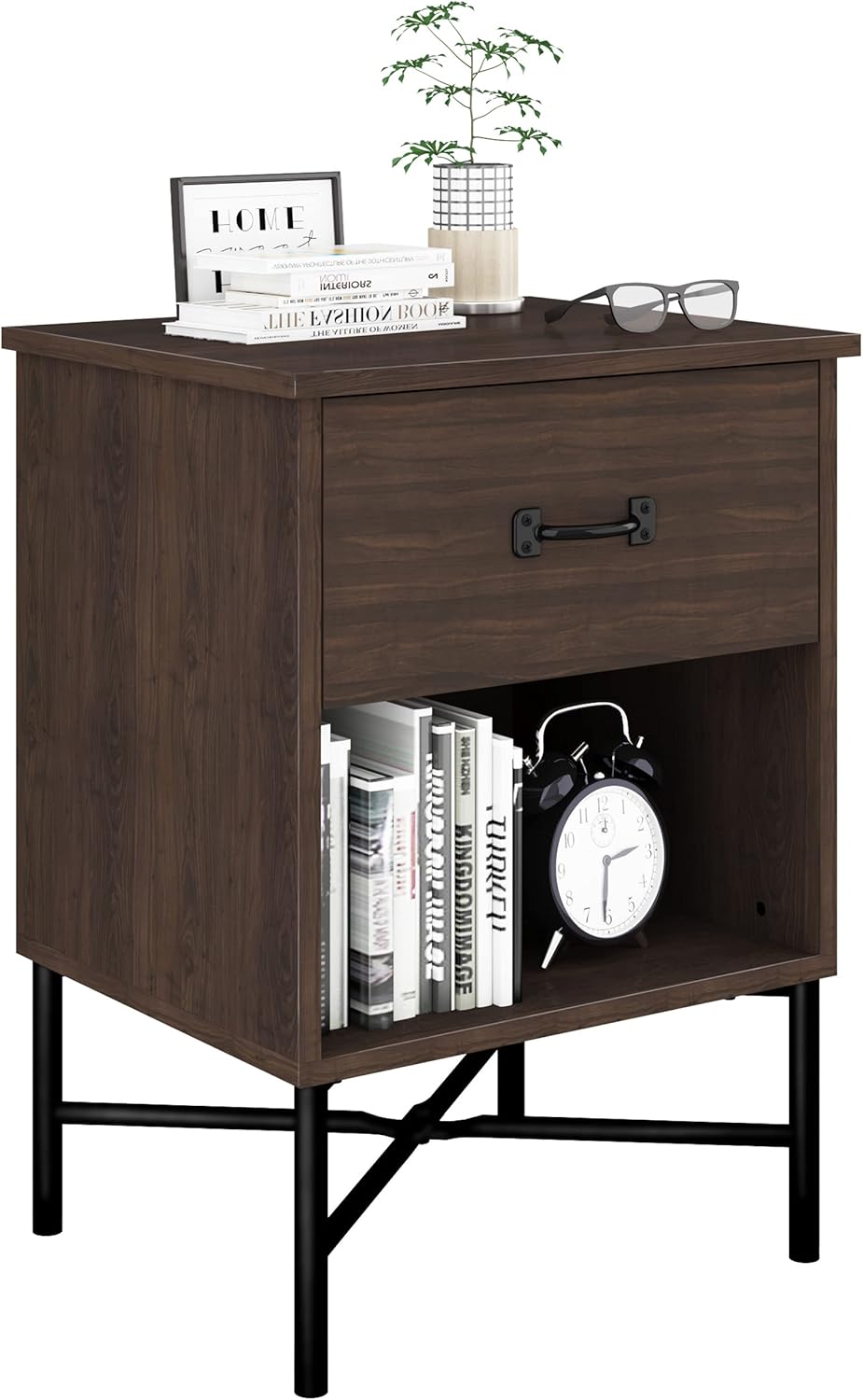 HAIOOU Nightstand, 2-Tier End Table Retro Accent Bedside Nightstand Table with Wood Drawer, Expanded Storage Shelf and X-Frame Legs for Home, Bedroom, Living Room - Walnut Brown & Matte Black
