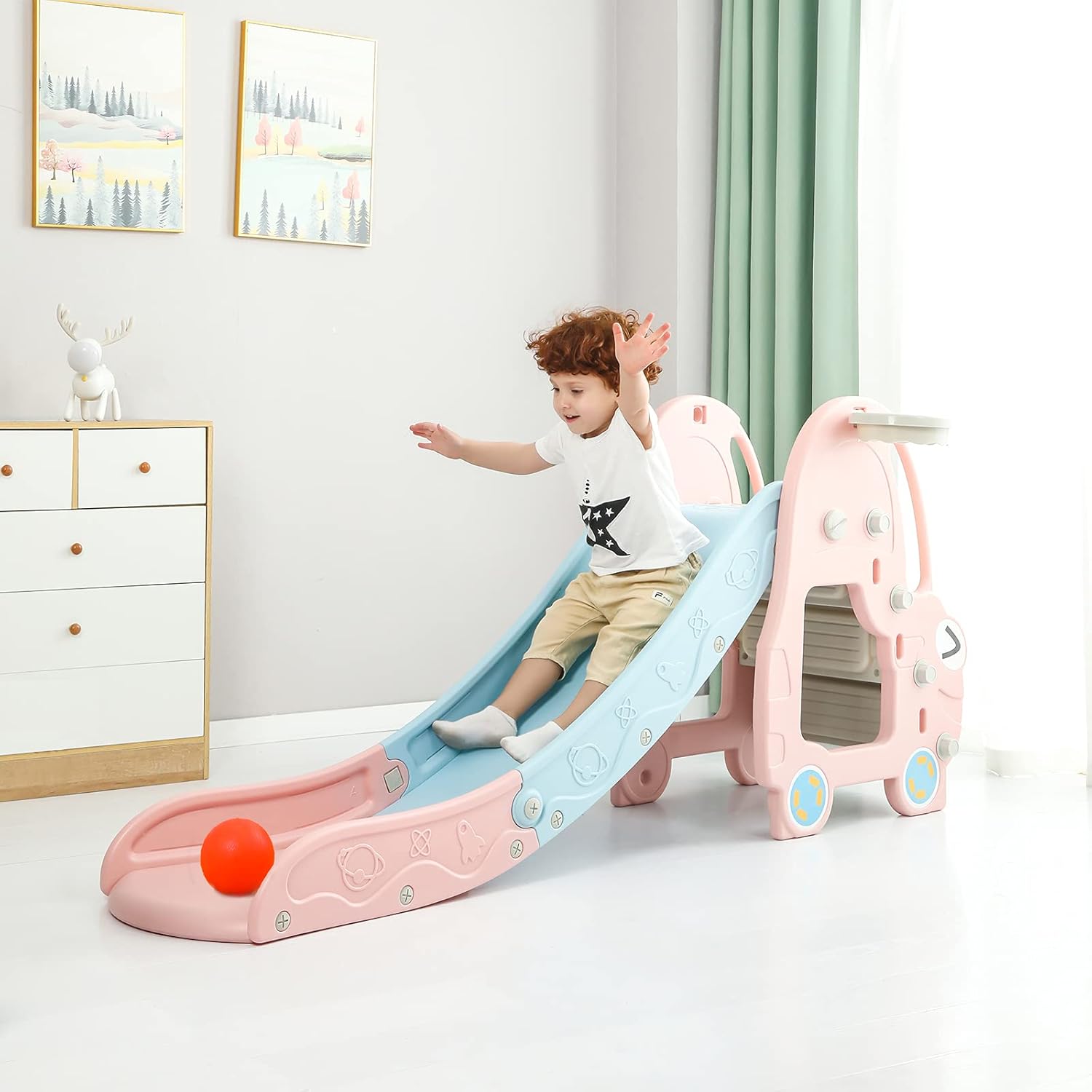 CuFun Freestanding Slide for Kids, Toddler Playground Slipping Indoor Slide Climber, Extra Long Slide Slope with Basketball Hoop for Indoor Outdoor Backyard Use (Pink Dog)