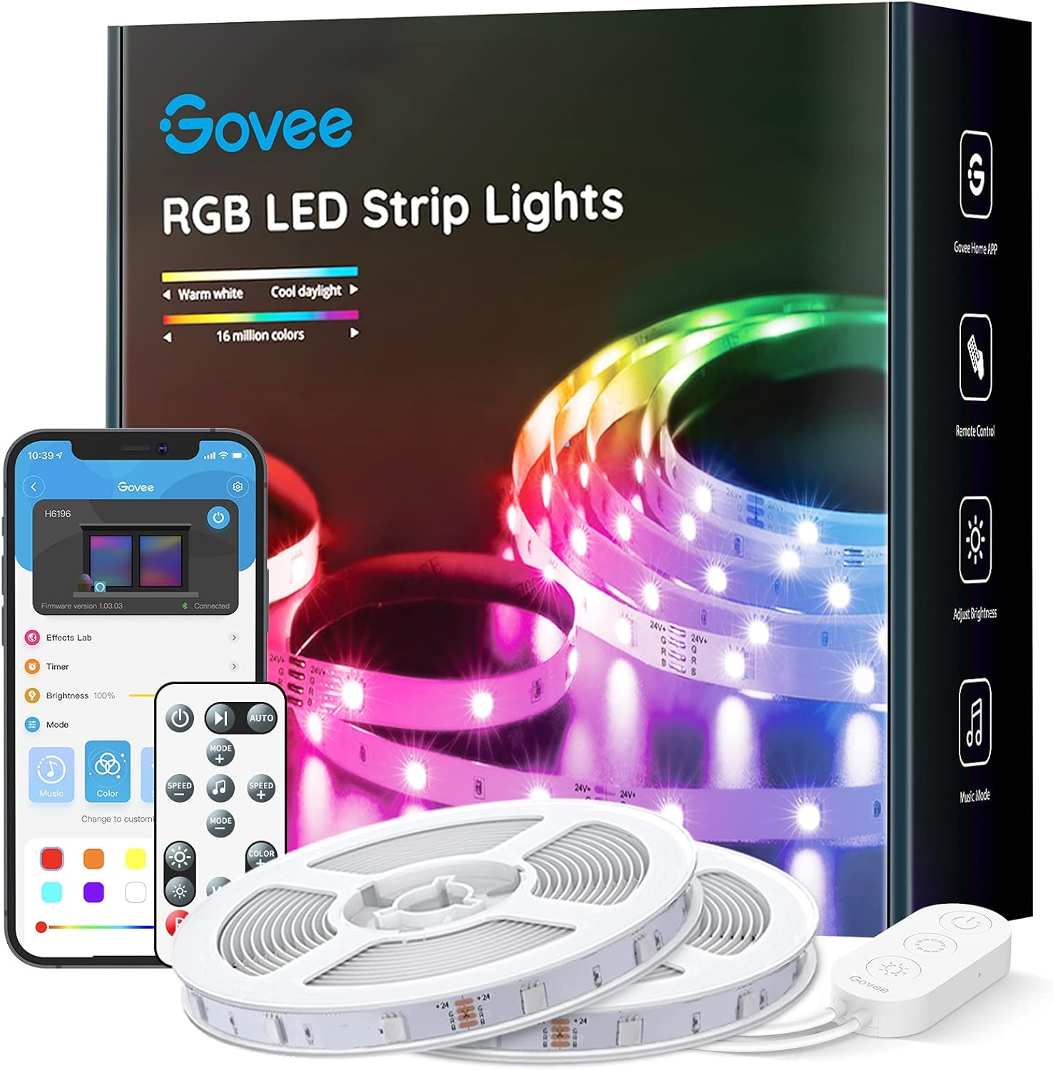 Govee Bluetooth LED Strip Lights, 65.6ft RGB LED Light Strip, App and Remote Control Color Changing Lights with 64 Scene Modes and Music Sync for Bedroom, Room, Kitchen, Party (2 Rolls of 32.8ft) Pack of 2