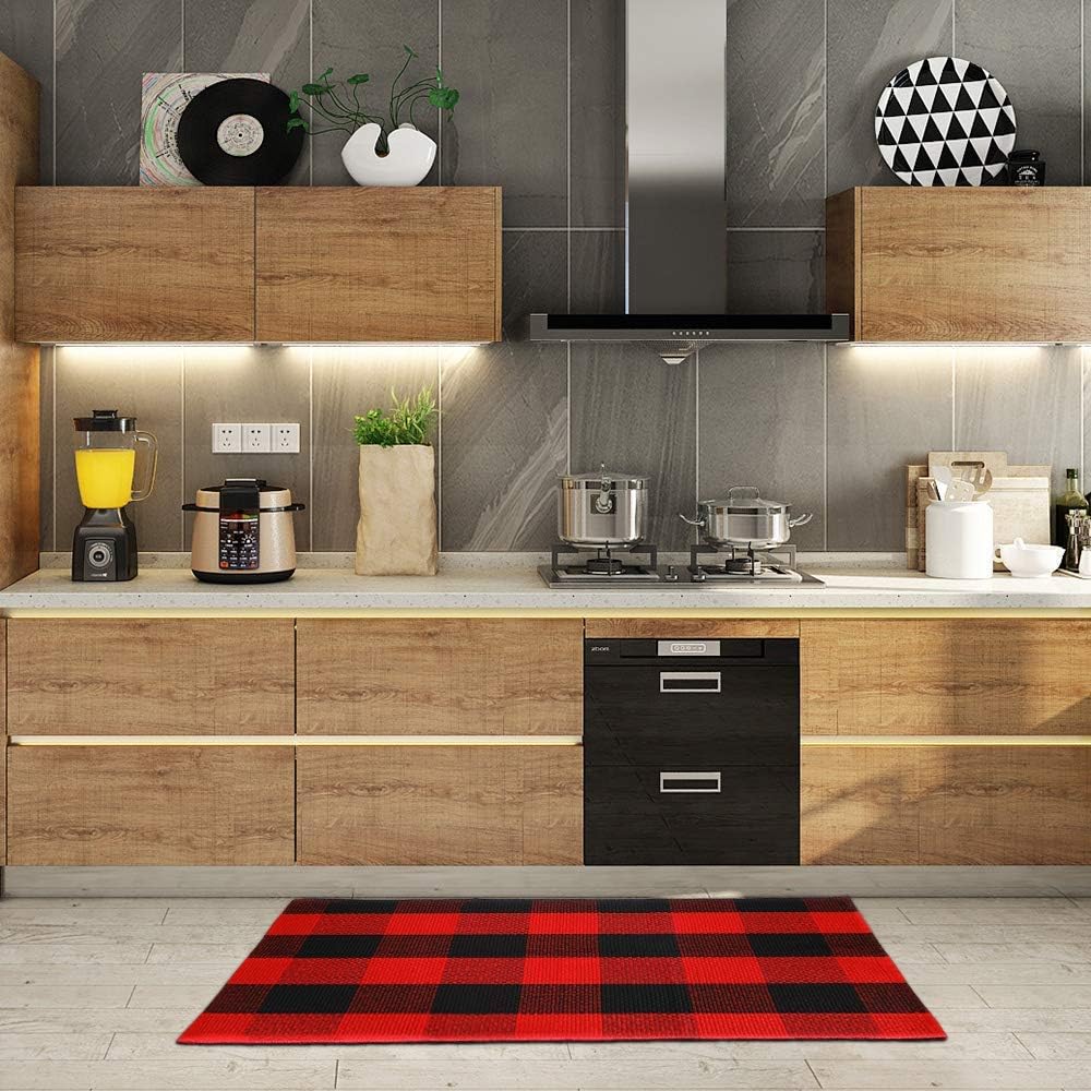 Buffalo Plaid Rug - YHOUSE Checkered Indoor/Outdoor Door Mat Outdoor Doormat for Front Porch/Kitchen/Laundry Room Welcome Layered Mat(Red and Black Plaid, 23.6&ldquo;X35.4&ldquo;+23.6&ldquo;X51.2&ldquo;)