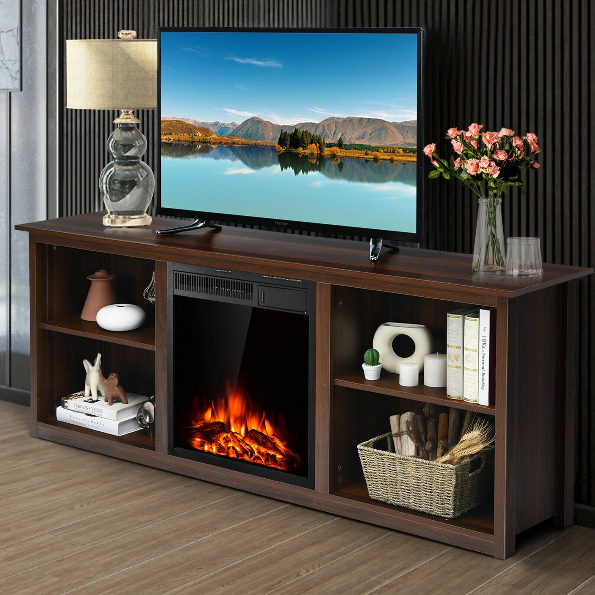 Gymax 70&& 2-Tier TV Fireplace Stand w/22.5&& Electric Fireplace Up to 75&& Walnut