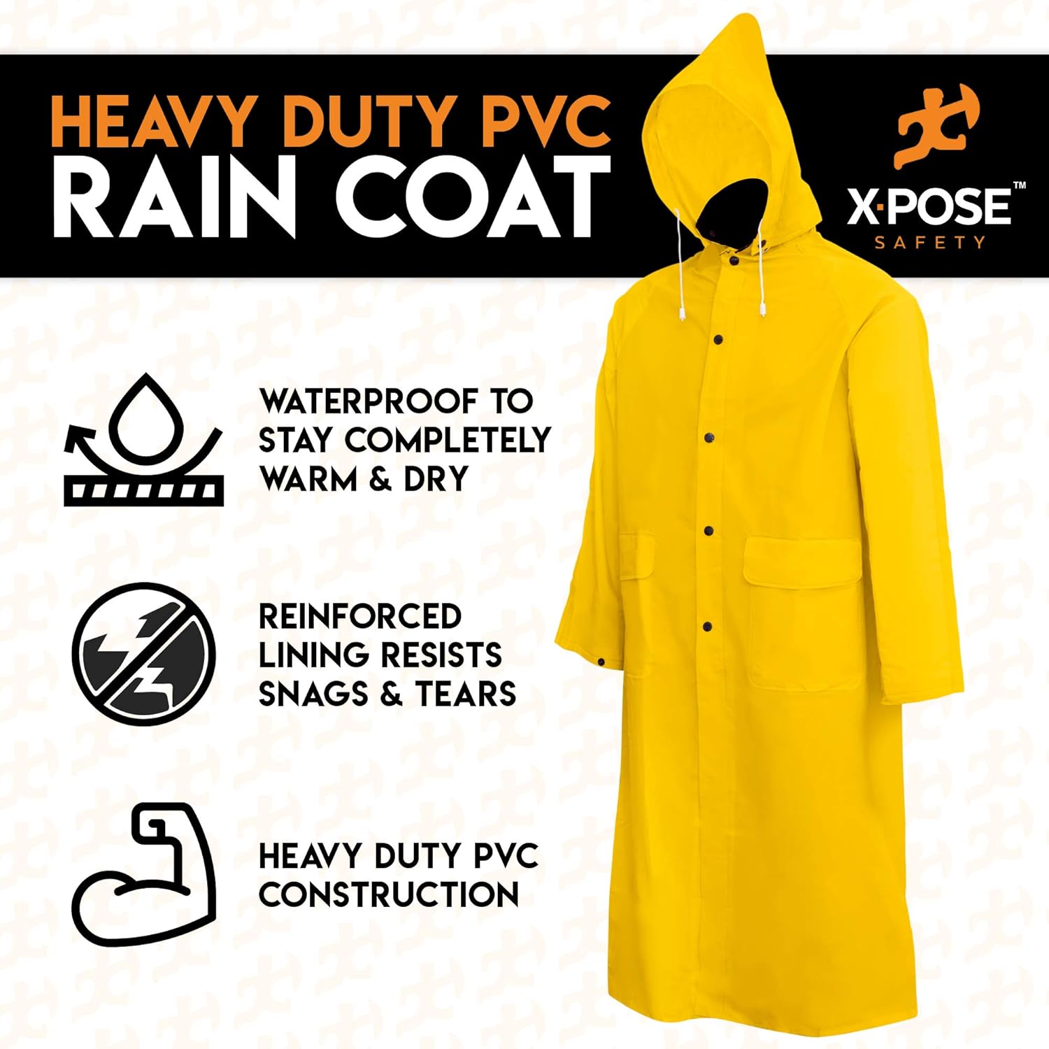 Xpose Safety Heavy Duty Yellow Rain Coat &ndash; .35mm PVC 48in Raincoat Jacket with Detachable Hood