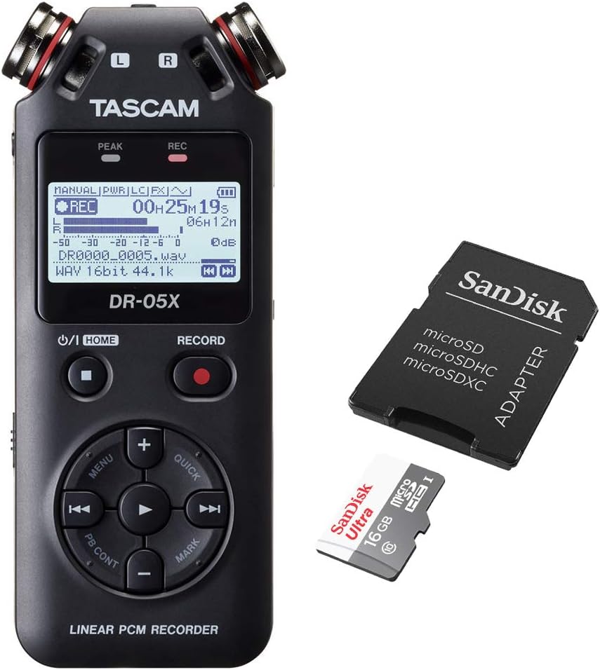 Tascam DR-05X 2-Input / 2-Track Portable Audio Recorder with Onboard Stereo Microphone & 16GB microSDHC Memory Card w/SD Adapter Bundle