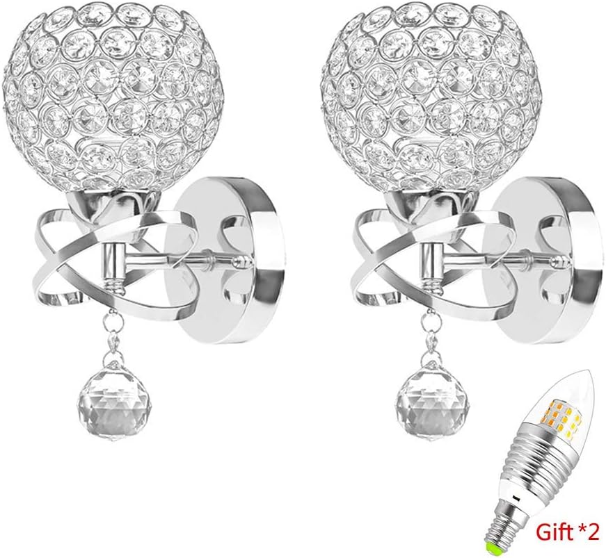 2 Pack Modern Crystal Wall Lights, ONEVER Bedside Wall Lamp Sconce for DIY Home Decor with E14 Socket Bulb Included, Crystal Wall Sconces Set of Two, Silver Wall Lights for Bedroom Living Room Hallway