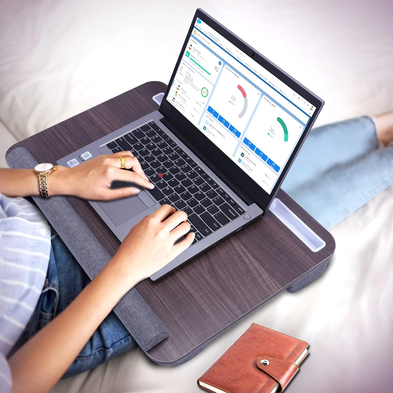 FORGING MOUNT Home Office Lap Desk - Fits up to 17 inches Laptop, Built in Wrist Pad for Notebook, Tablet, Laptop Stand with Tablet, Pen & Phone Holder-Black Wood Grain Pack of 2