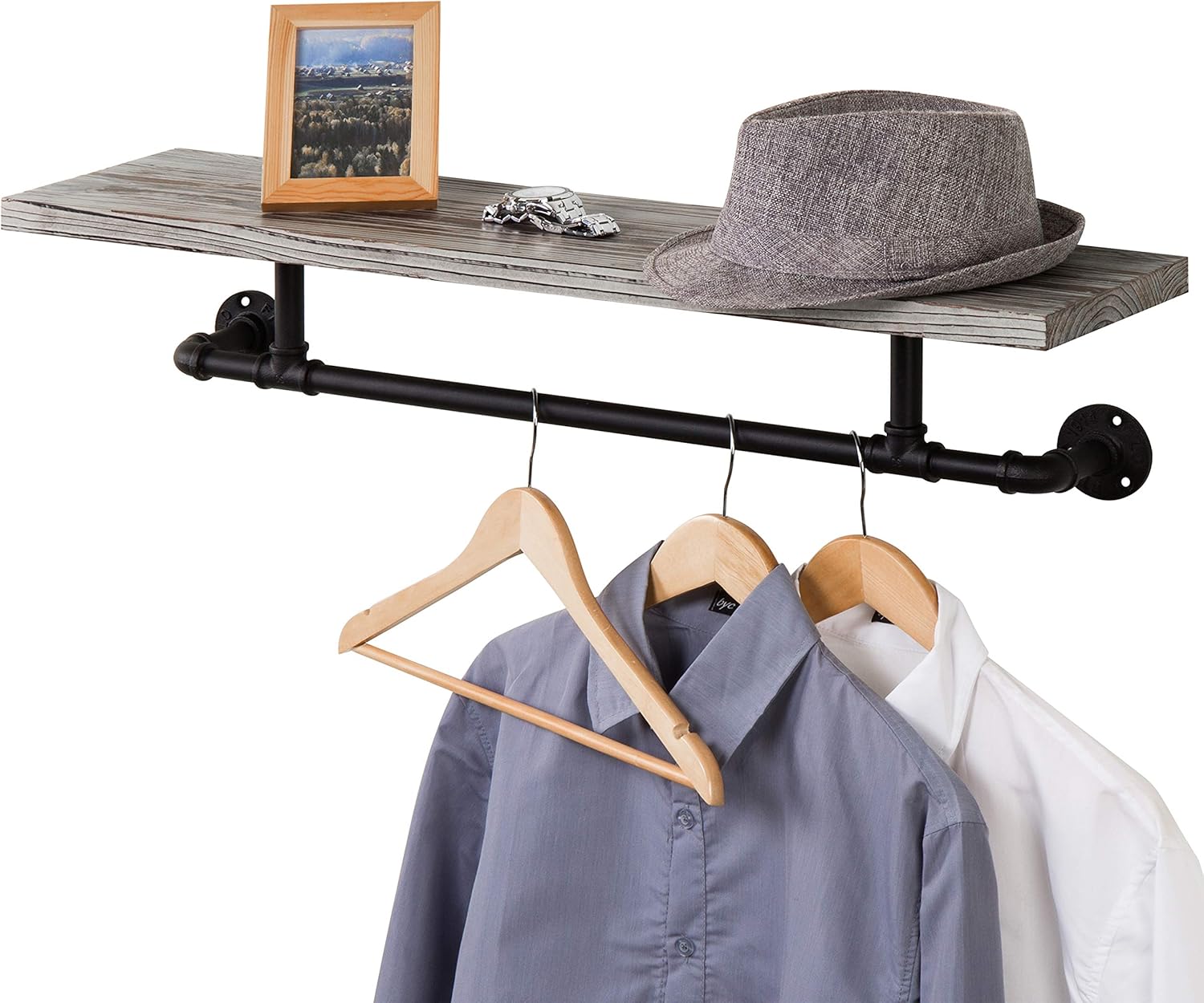 MyGift Industrial Metal Pipe & Torched Wood Wall Mounted Garment Rack with Shelf Pack of 2