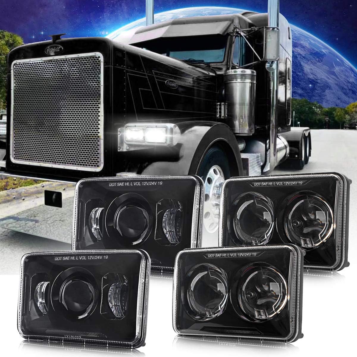4x6 Inch LED Headlights 60W [DOT Approved] Compatible with Kenworth T800 T600 Peterbilt 379 Feightliner Oldsmobile Cutlass H4656 H4666 H6545 H4651 H4652, 4PCS, Black