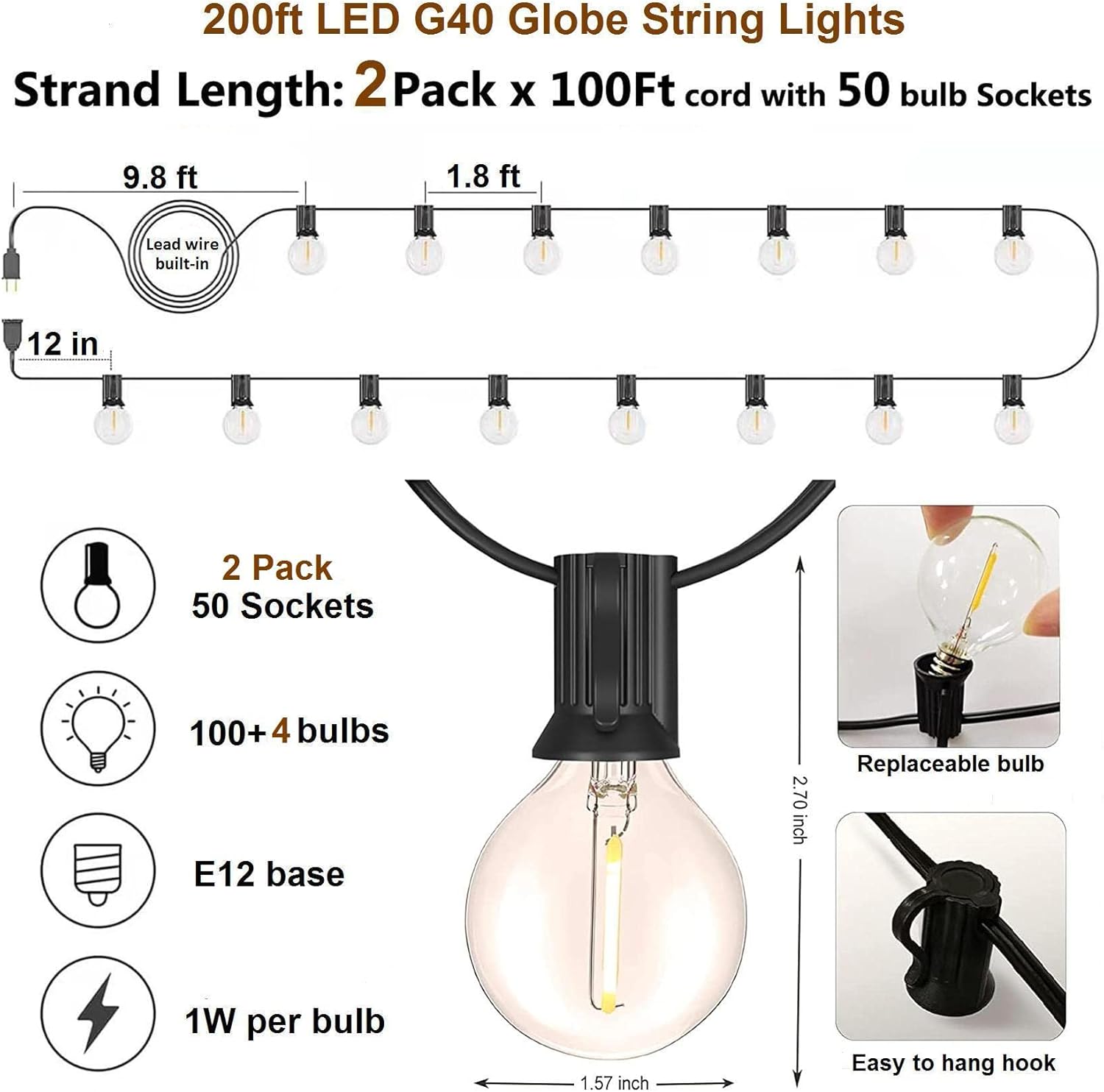 200 ft Outdoor LED Globe String Lights Waterproof Connectable G40 Patio Bistro Lights with 100+4 Shatterproof Dimmable Plastic Bulbs for Gazebo Yard Soft Warm White Lights, 2Pack x 100ft