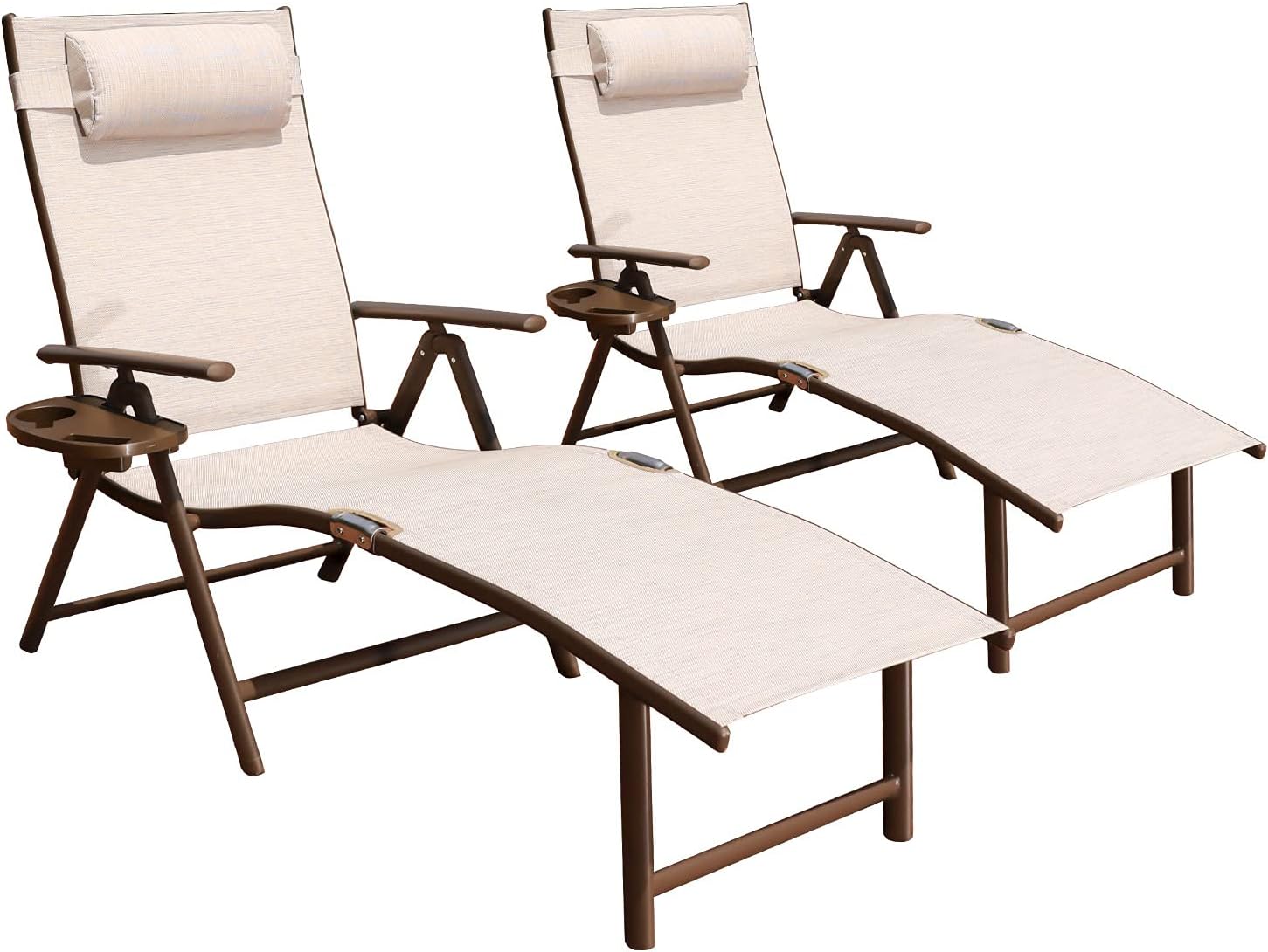 GOLDSUN Aluminum Outdoor Folding Reclining Adjustable Chaise Lounge Chair with Headrest and Tray for Backyard Beach Porch Patio Swimming Poolside (Single, Beige)