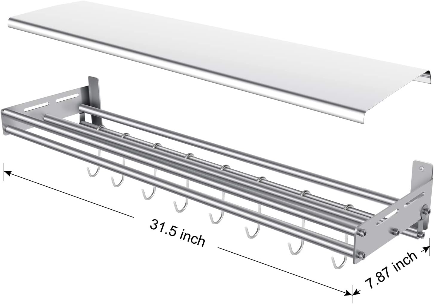 Spice Rack Organizer with 8 Hooks Wall Mounted Seasoning Shelf 304 Bathroom Kitchen Commercial Shelf Rack Restaurant Bar Multifunctional Storage Shelf (7.87, 31.5)