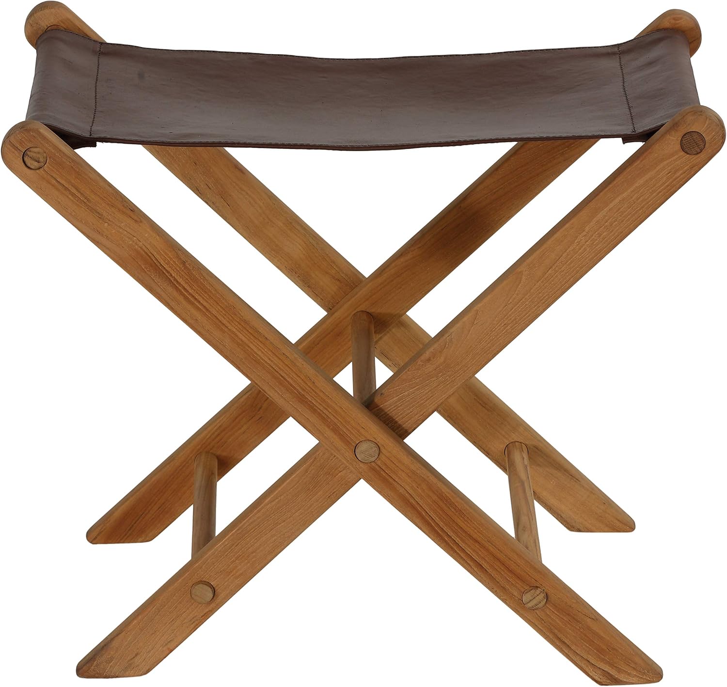 Bare Decor Davie Teak and Leather Folding Accent Stool, 18
