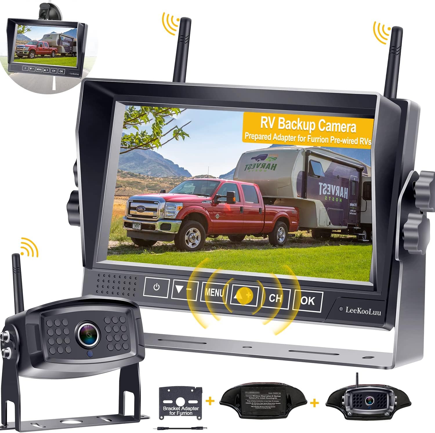 Wireless Backup Camera for RV HD 1080P with 7 Inch DVR Monitor,RV Rear View Observation System Adapter for Furrion Pre-Wired RV,Trailer,Split Screen Support Add on License Plate Camera LeeKooLuu LK7