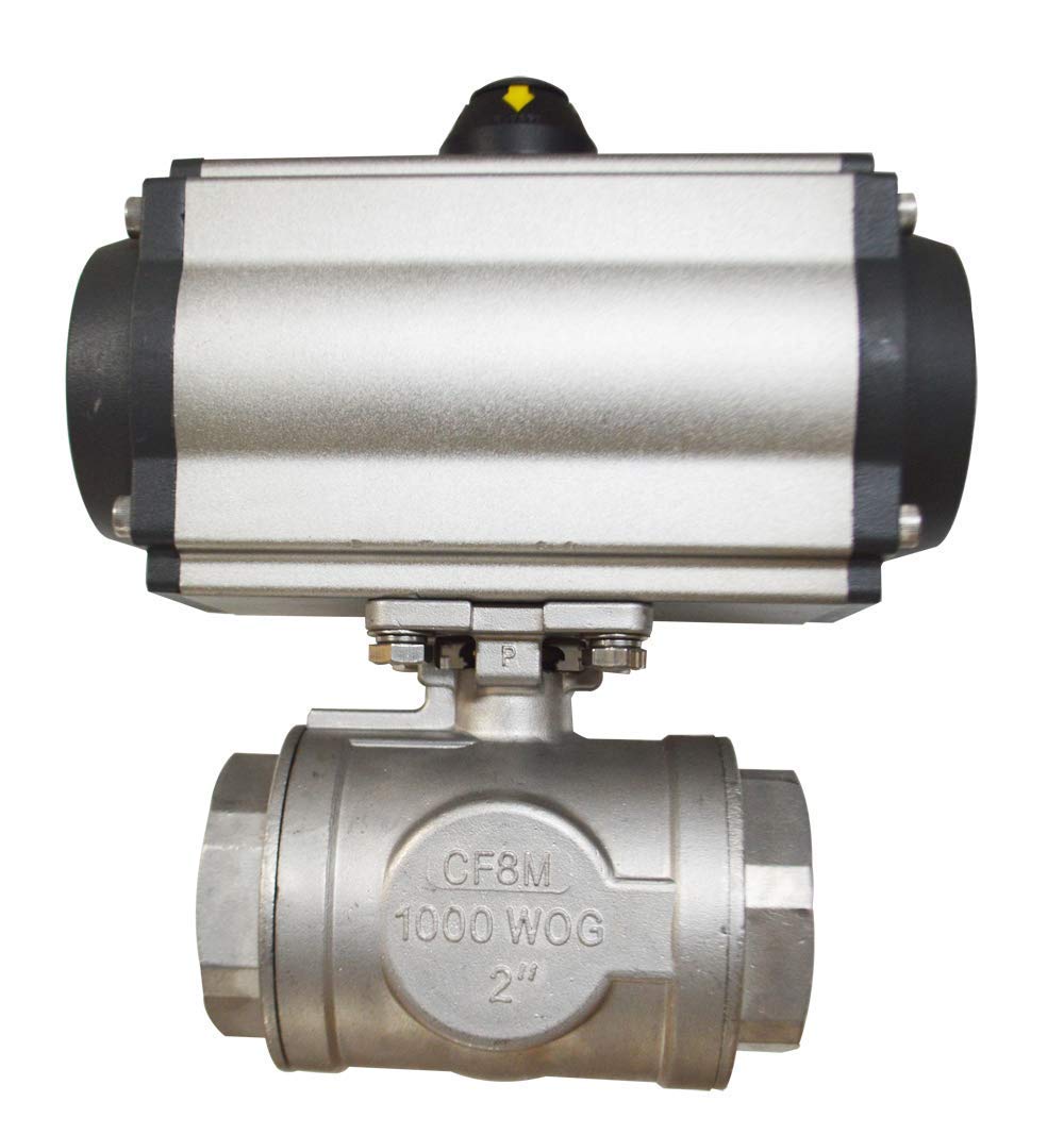 INTSUPERMAI Three-Piece 2inch Pneumatic Actuated Ball Valve Three-Way Double Acting Globe Threaded 304 Stainless Steel for Automatic Control System