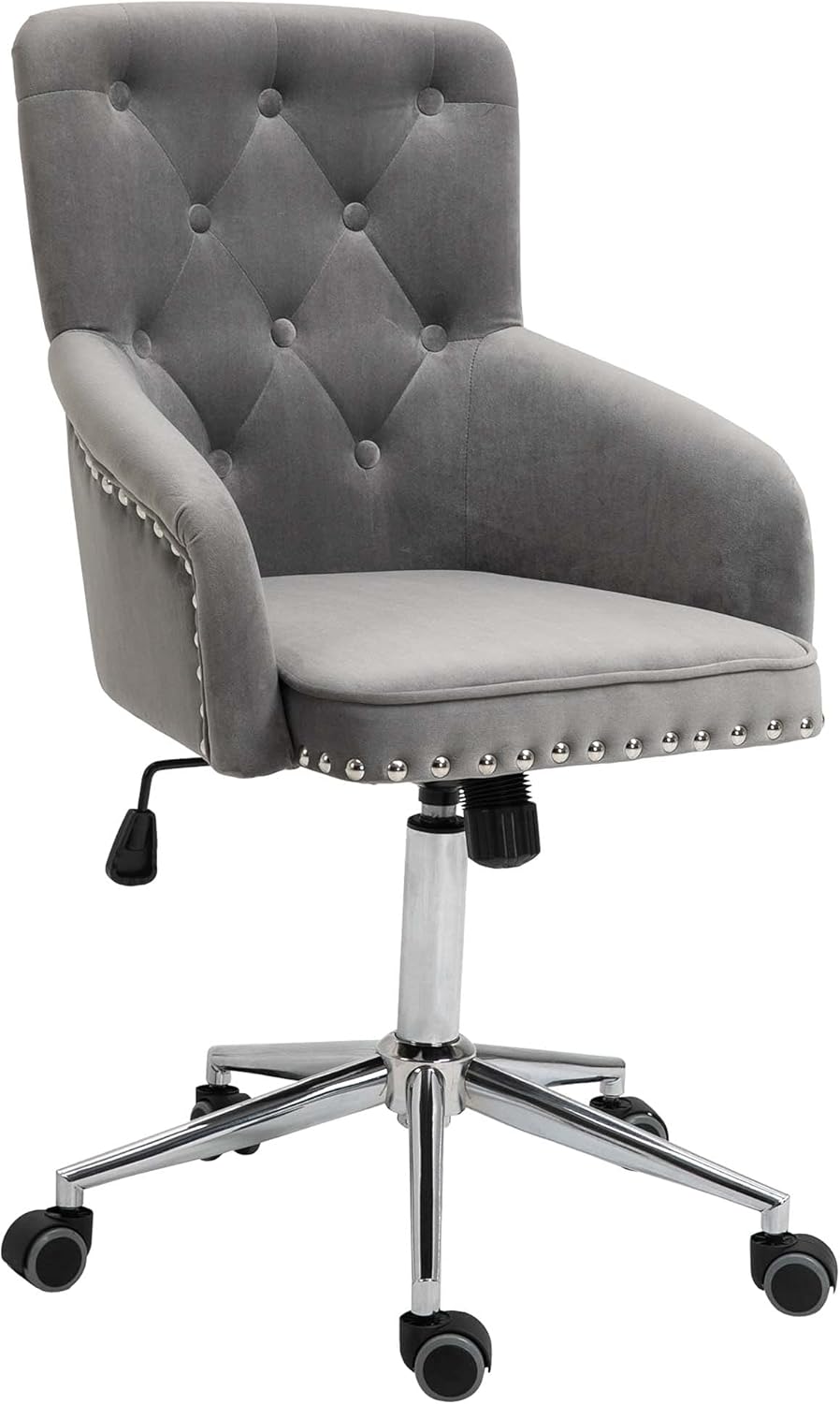 HOMCOM Modern Mid-Back Desk Chair with Nailhead Trim, Swivel Home Office Chair with Button Tufted Velvet Back, Adjustable Height, Curved Padded Armrests and Rocking Function, Black