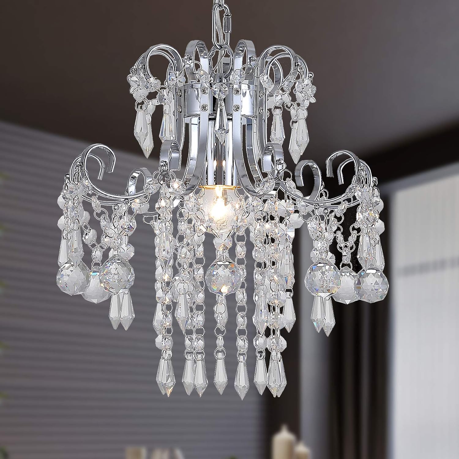 Q&S Mini Crystal Chandelier, Modern Black Small Chandelier, for Princess House Nursery Girls Hallway, Entryway, Bedroom, Foyer, Bathroom, Kitchen, W11.8