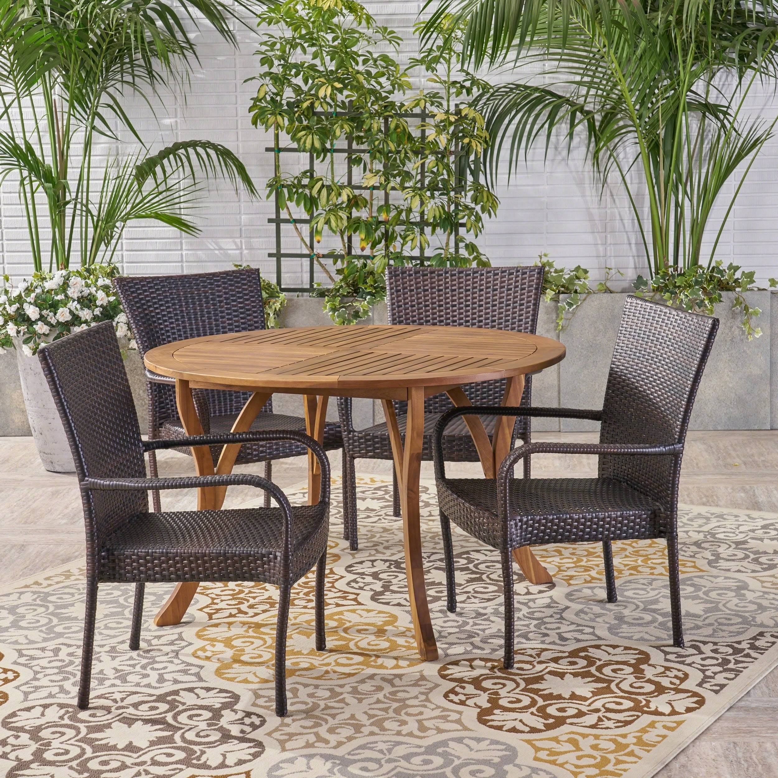 Christopher Knight Home Collins Outdoor 5 Piece Acacia Wood and Wicker Dining Set by Multi Brown, Teak