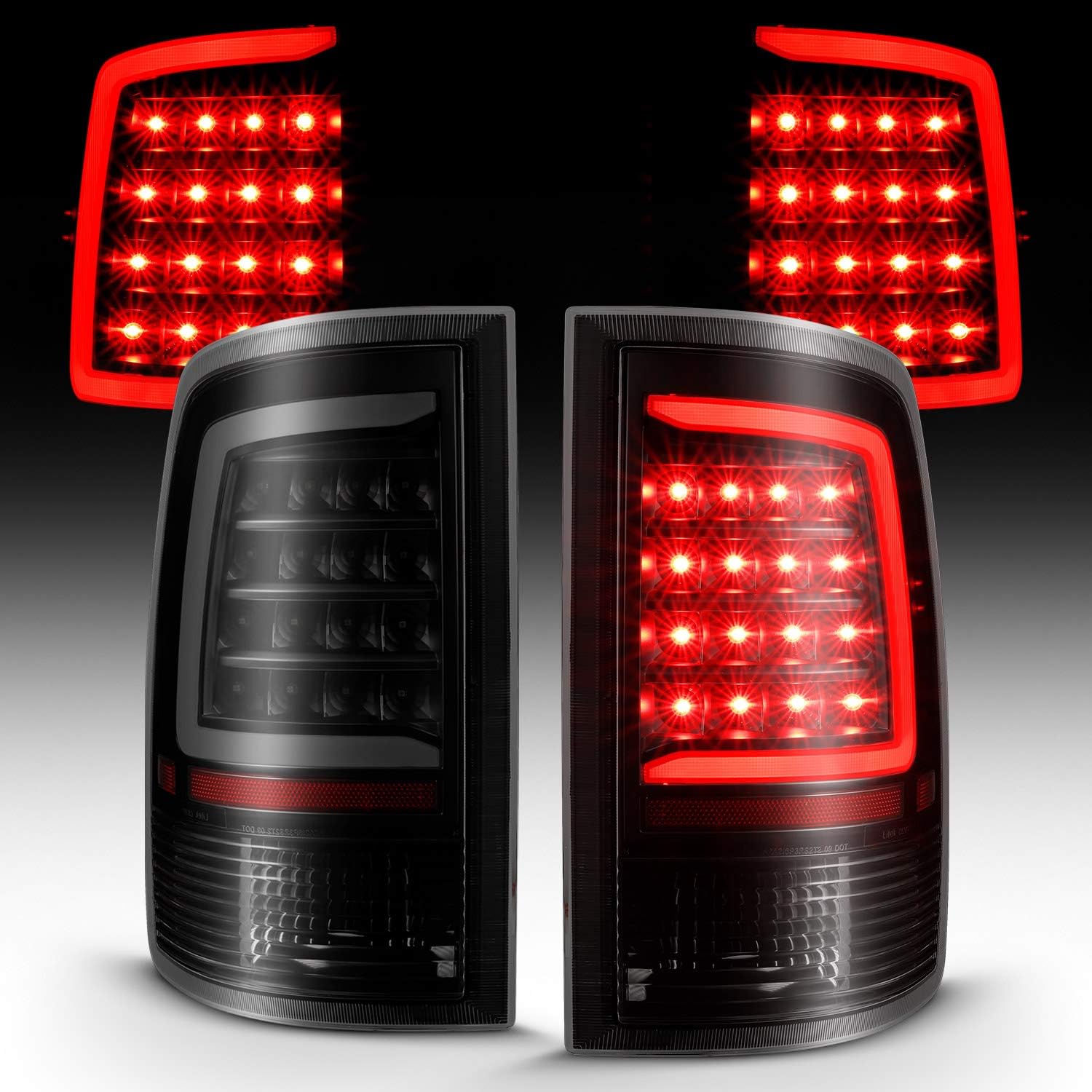AmeriLite for 2009-2022 Dodge Ram 1500 / 10-22 Ram 2500 3500 Truck C-Type LED Tube Black Replacement Tail Light Assembly Pair - Passenger and Driver Side
