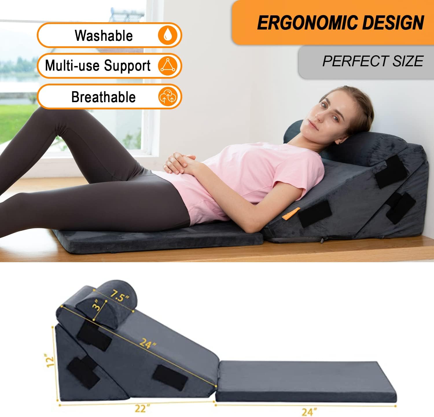 Activance Bed Wedge Pillow Set Memory Foam Orthopedic Triangle Pillow Adjustable for Sleeping Reading Post Surgery Back Neck and Leg Support Anti Snoring, Heartburn, GERD, Acid Reflux (Grey)
